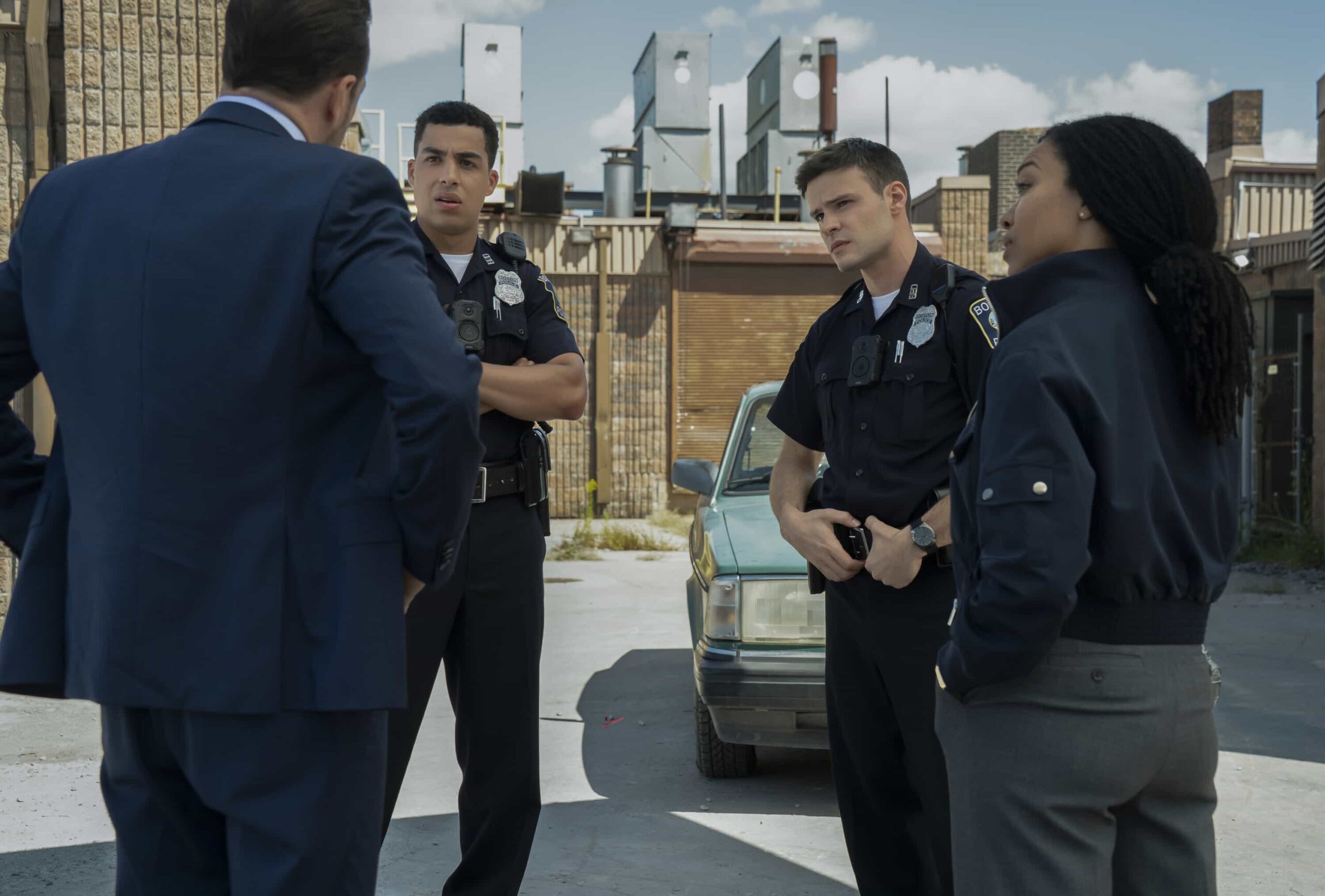 “Rites of Passage”– As the Silver family reflects on a personal loss, Lena and Danny investigates the murder of a beloved shop owner. Meanwhile, Sarah responds to a hostage crisis and Mae faces a difficult legal decision, on “BOSTON BLUE,” Friday, Nov. 7 (10:00-11:00 PM, ET/PT) on the CBS Television Network, and streaming on Paramount+ (live and on-demand for Paramount+ subscribers, or on-demand for Paramount+ Essential subscribers the day after the episode airs)*.   Pictured (L-R): Donnie Wahlberg as Danny Reagan, Marcus Scribner as Jonah Silver, Mika Amonsen as Sean Reagan, and Sonequa Martin-Green as Lena Silver   Photo: Brendan Adam-Zwelling/CBS ©2025 CBS Broadcasting, Inc. All Rights Reserved.