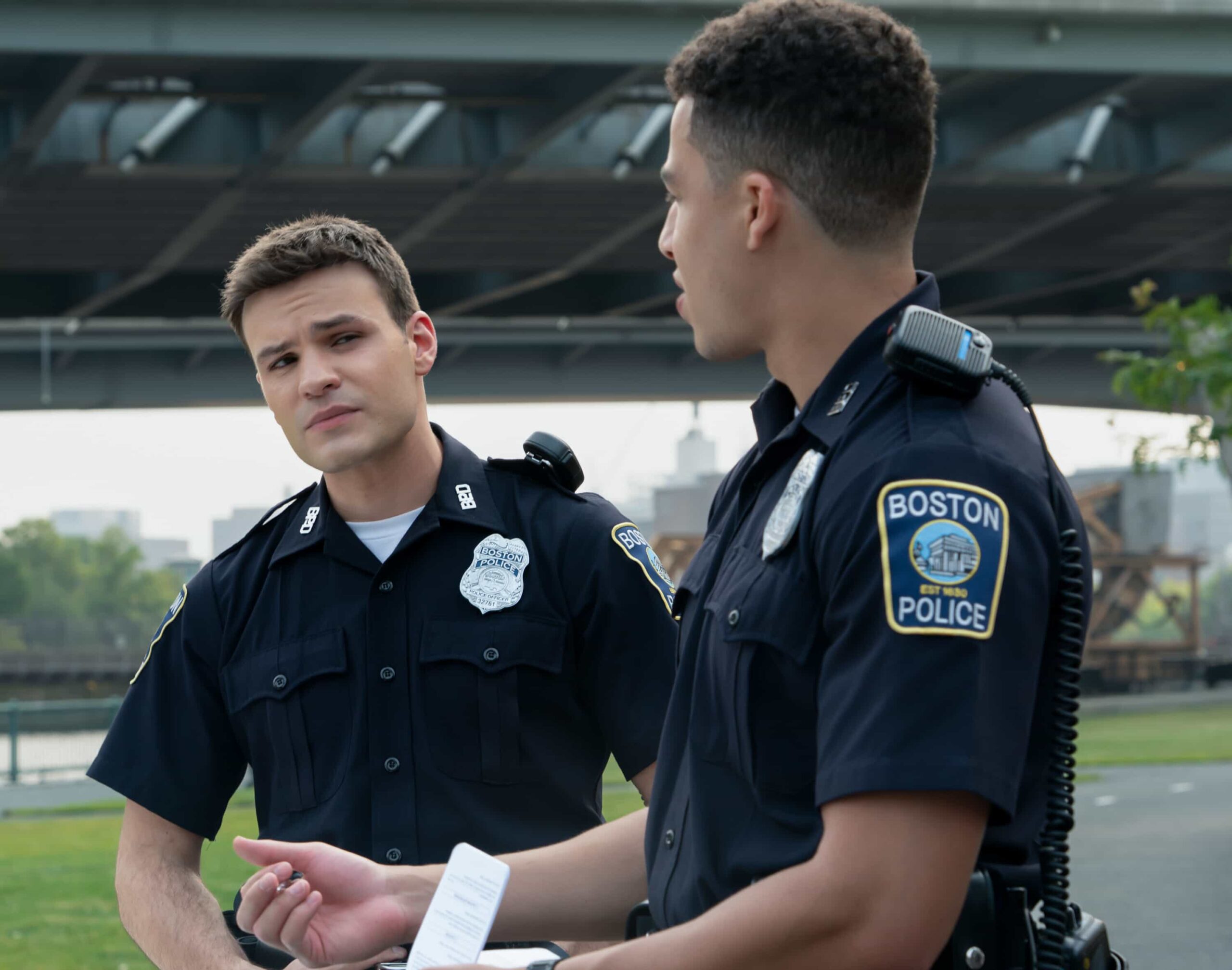 Boston Blue Season 1 Episode 4 “Rites of Passage”– As the Silver family reflects on a personal loss, Lena and Danny investigates the murder of a beloved shop owner. Meanwhile, Sarah responds to a hostage crisis and Mae faces a difficult legal decision, on “BOSTON BLUE,” Friday, Nov. 7 (10:00-11:00 PM, ET/PT) on the CBS Television Network, and streaming on Paramount+ (live and on-demand for Paramount+ subscribers, or on-demand for Paramount+ Essential subscribers the day after the episode airs)*.   Pictured (L-R): Mika Amonsen as Sean Reagan and Marcus Scribner as Jonah Silver  Photo: Seacia Pavao/CBS ©2025 CBS Broadcasting, Inc. All Rights Reserved.