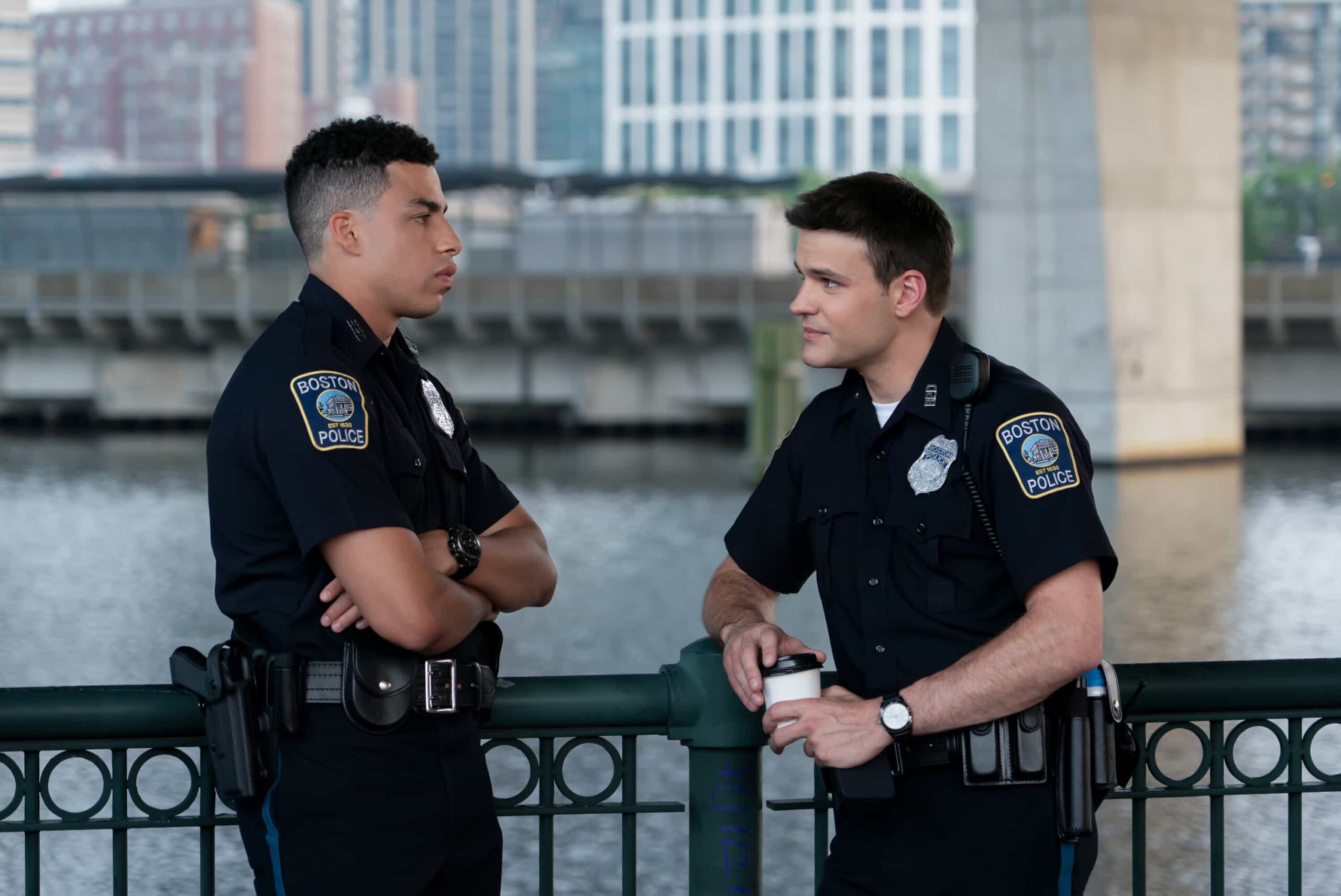 “Rites of Passage”– As the Silver family reflects on a personal loss, Lena and Danny investigates the murder of a beloved shop owner. Meanwhile, Sarah responds to a hostage crisis and Mae faces a difficult legal decision, on “BOSTON BLUE,” Friday, Nov. 7 (10:00-11:00 PM, ET/PT) on the CBS Television Network, and streaming on Paramount+ (live and on-demand for Paramount+ subscribers, or on-demand for Paramount+ Essential subscribers the day after the episode airs)*.   Pictured (L-R): Marcus Scribner as Jonah Silver and Mika Amonsen as Sean Reagan  Photo: Seacia Pavao/CBS ©2025 CBS Broadcasting, Inc. All Rights Reserved.