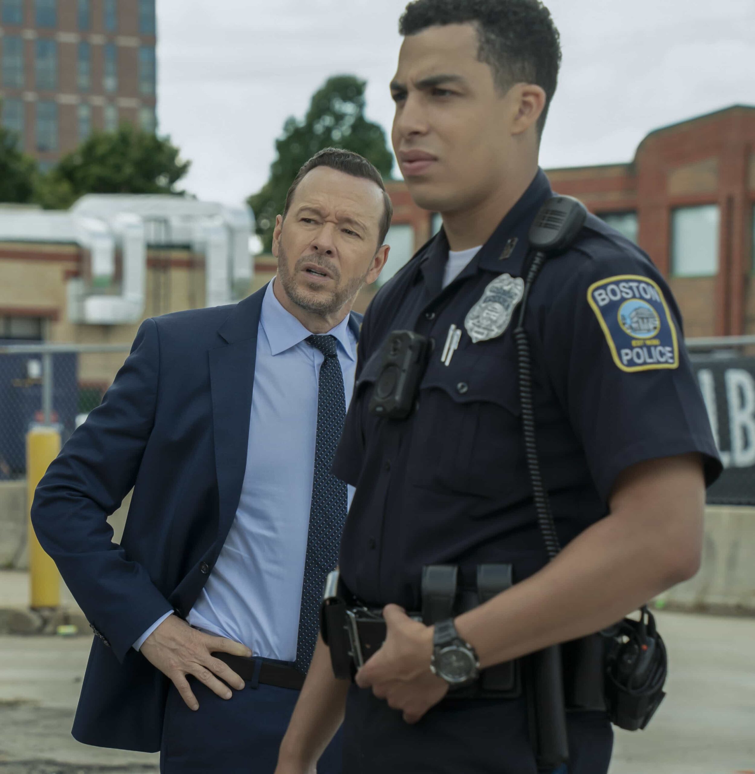 Boston Blue Season 1 Episode 4 “Rites of Passage”– As the Silver family reflects on a personal loss, Lena and Danny investigates the murder of a beloved shop owner. Meanwhile, Sarah responds to a hostage crisis and Mae faces a difficult legal decision, on “BOSTON BLUE,” Friday, Nov. 7 (10:00-11:00 PM, ET/PT) on the CBS Television Network, and streaming on Paramount+ (live and on-demand for Paramount+ subscribers, or on-demand for Paramount+ Essential subscribers the day after the episode airs)*.   Pictured (L-R): Donnie Wahlberg as Danny Reagan and Marcus Scribner as Jonah Silver   Photo: Brendan Adam-Zwelling/CBS ©2025 CBS Broadcasting, Inc. All Rights Reserved.