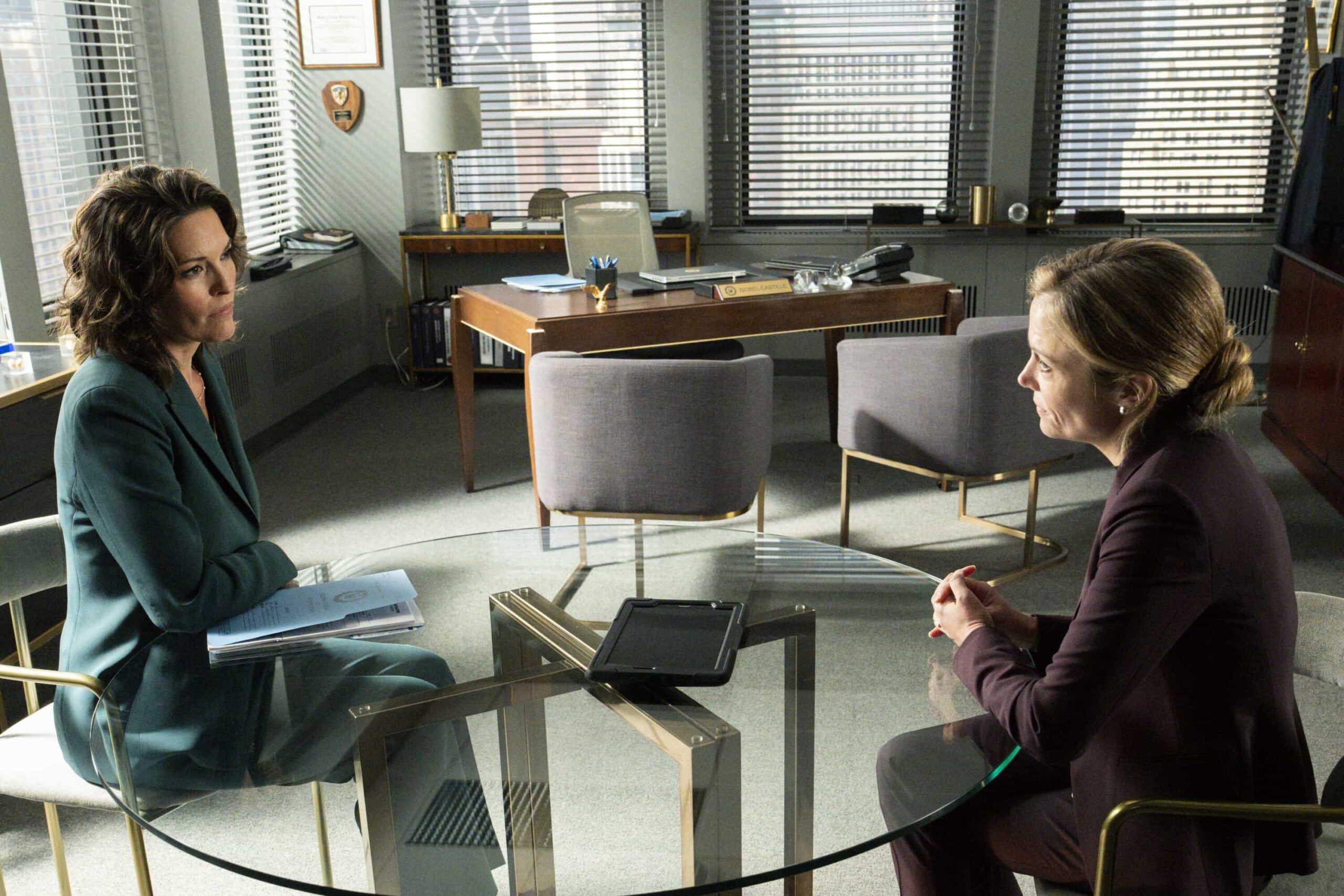 FBI Season 8 Episode 5 “Falsetto” – Maggie partners with Eva to hunt a killer after a shocking daytime stabbing in an NYC park. After a subsequent murder, they realize the assassin has a hit list, begging the question: “Who\'s on it and who\'s next?,” on FBI, Monday, Nov. 10 (9:00-10:00 PM ET/PT) on the CBS Television Network, and streaming on Paramount+ (live and on-demand for Paramount+ Premium plan subscribers, or on-demand for Paramount+ Essential subscribers the day after the episode airs). Pictured (L-R): Alana De La Garza as Special Agent in Charge Isobel Castille and Claire Coffee as Anna Vorpe. Photo: Bennett Raglin/CBS ©2025 CBS Broadcasting, Inc. All Rights Reserved.