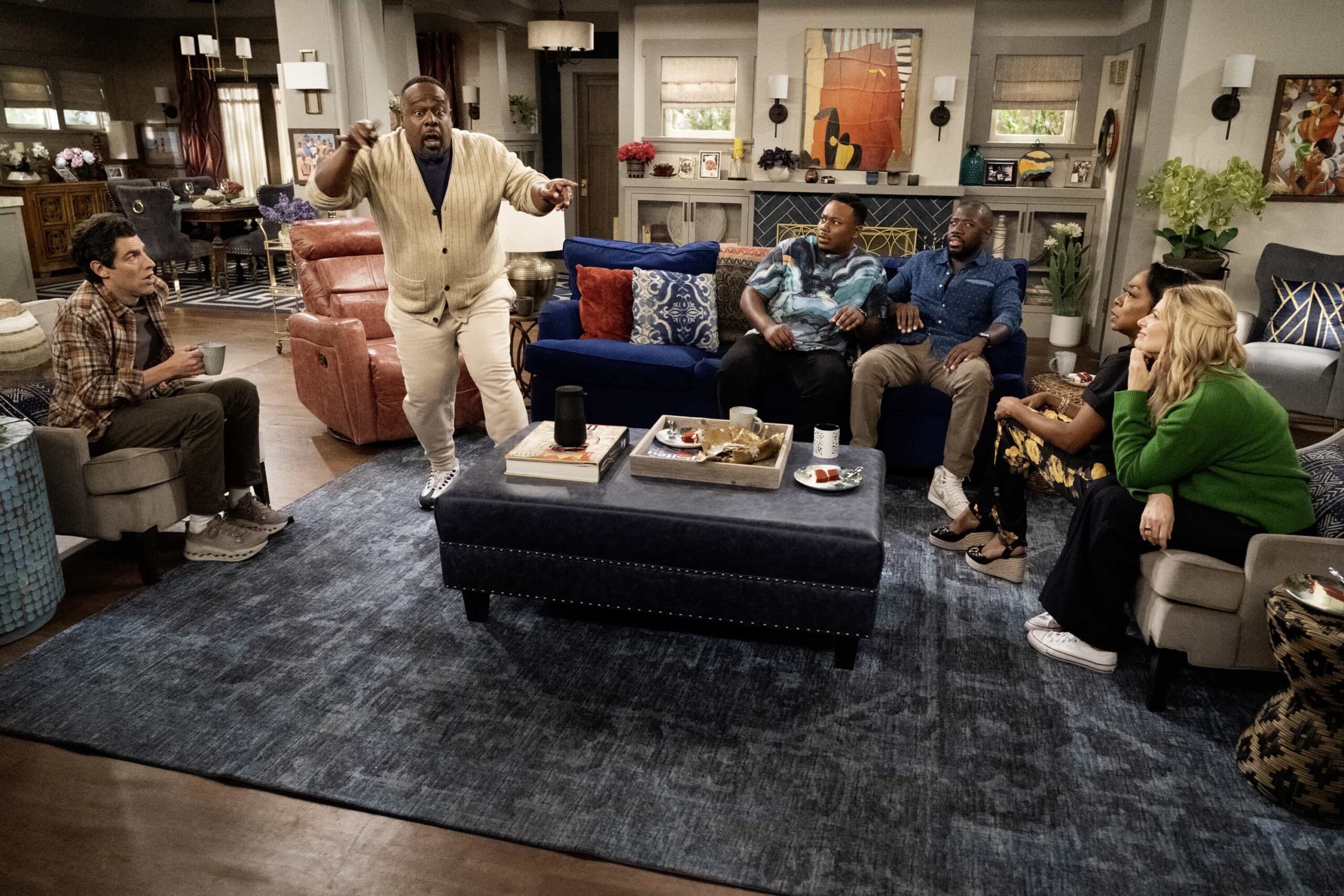 “Welcome to New Horizons” – Dave’s silent auction wins lead to a classical concert outing with Gemma and the Butlers that quickly goes off the rails. Meanwhile, Malcolm’s ghostwriting gig takes a surprising turn when Tina encourages him to dive into reality TV for inspiration – sparking an unexpected obsession, on THE NEIGHBORHOOD, Monday, Nov. 10 (8:00-8:30 PM, ET/PT) on the on the CBS Television Network, and streaming on Paramount+ (live and on-demand for Paramount+ subscribers, or on-demand for Paramount+ Essential subscribers the day after the episode airs)*. Pictured: Max Greenfield as Dave, Cedric The Entertainer as Calvin, Marcel Spears as Marty, Sheaun McKinney as Malcolm, Tichina Arnold as Tina and Beth Behrs as Gemma. Photo: Monty Brinton/CBS ©2025 CBS Broadcasting, Inc. All Rights Reserved.