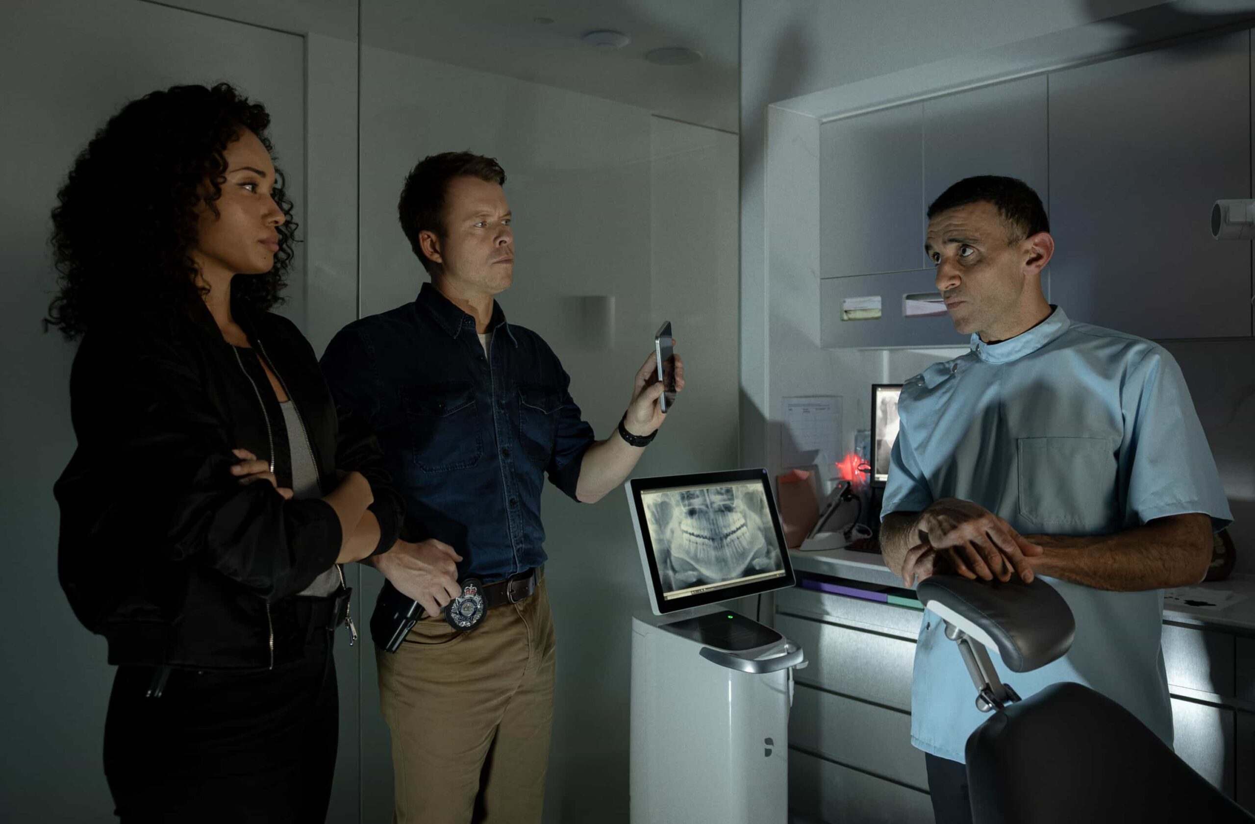 “Black Is White” – When a U.S. Navy attaché is found dead with a USB lodged in his throat, the team tracks a killer believed to have ties to an international chess tournament in Sydney, on NCIS: SYDNEY, Tuesday, Nov. 11 (10:00-11:00 PM, ET/PT) on the CBS Television Network, and streaming on Paramount+ (live and on demand for Paramount+ Premium plan subscribers, or on demand for Paramount+ Essential subscribers the day after the episode airs)*. L-R: Olivia Swann as NCIS Special Agent Captain Michelle Mackey, Todd Lasance as AFP Liaison Officer Sergeant Jim \'JD\' Dempsey, and Hazem Shammas as Hassan Saberi in NCIS: Sydney episode 5, season 3 streaming on Paramount+, 2025. Photo Credit:  Daniel Asher Smith/Paramount+   © TM & © 2025 CBS Studios Inc. NCIS: Sydney and related marks and logos  are trademarks of CBS Studios Inc. All Rights Reserved.