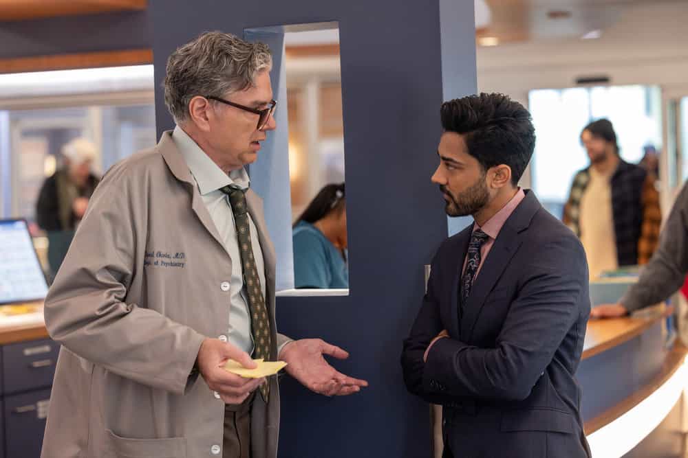 CHICAGO MED -- "Double Down" Episode 1107 -- Pictured: (l-r) Oliver Platt as Dr. Daniel Charles, Manish Dayal as Dr. Theo Rabari -- (Photo by: George Burns Jr/NBC)