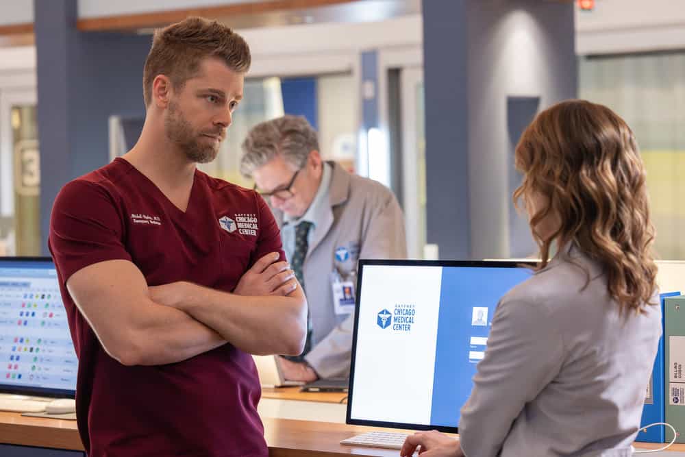 Chicago Med Season 11 episode 7 -- "Double Down" Episode 1107 -- Pictured: (l-r) Luke Mitchell as Dr. Mitch Ripley, -- (Photo by: George Burns Jr/NBC)