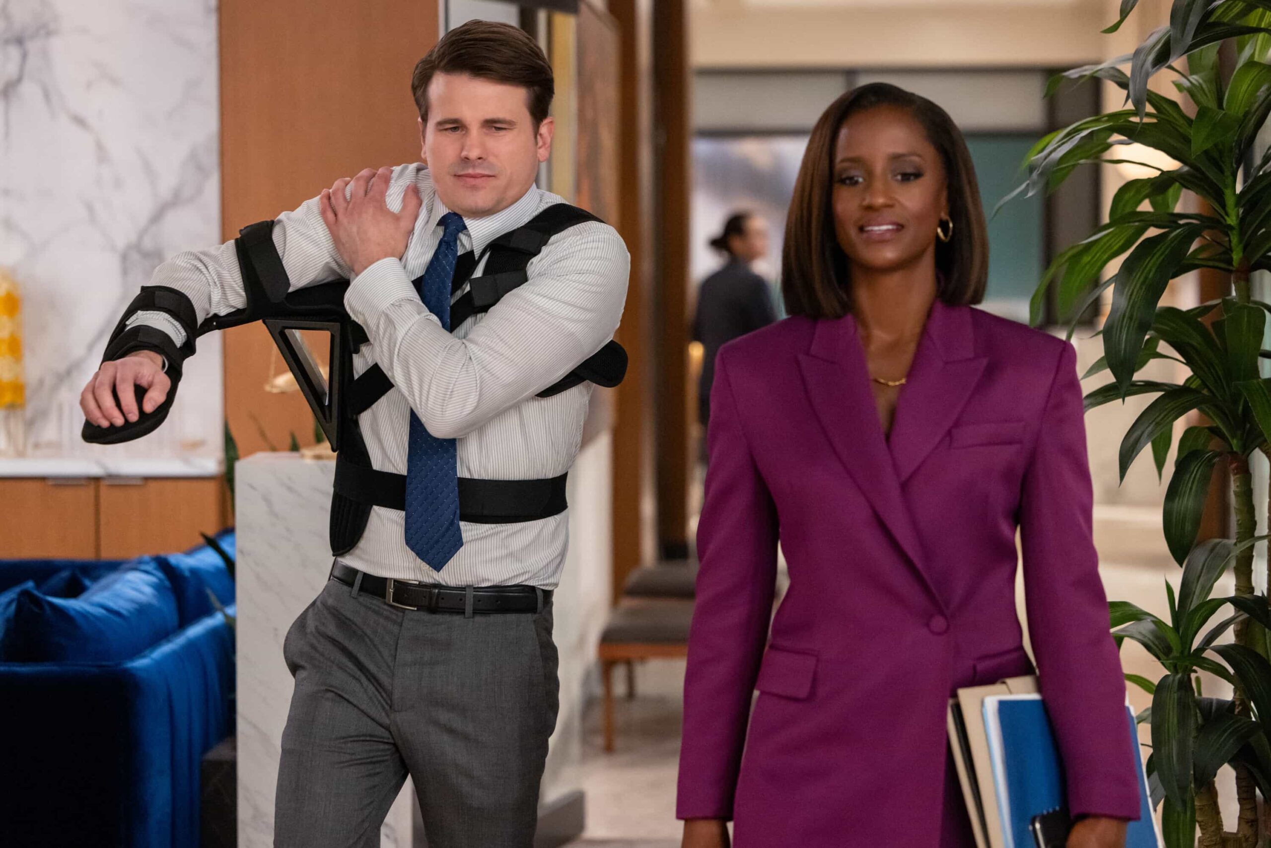 “Harm Reduction” – Matty and Olympia continue to test the boundaries of their friendship while helping a group of nuns. Meanwhile, Olympia and Sarah become roped into secretive activities within the firm, on MATLOCK, Thursday, Nov. 13 (9:01-10:00 PM, ET/PT) on the CBS Television Network, and streaming on Paramount+ (live and on-demand for Paramount+ Premium plan subscribers, or on-demand for Paramount+ Essential subscribers the day after the episode airs).  Pictured (L-R): Jason Ritter as “Julian Markston” and Skye P. Marshall as “Olympia Lawrence”. Photo: Sonja Flemming/CBS ©2025 CBS Broadcasting, Inc. All Rights Reserved.