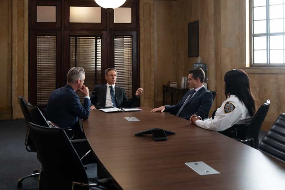 LAW & ORDER: SPECIAL VICTIMS UNIT -- "False Idols" Episode 27007 -- Pictured: (l-r) Peter Scanavino as A.D.A Dominick "Sonny" Carisi Jr., Tony Goldwyn as DA Nicholas Baxter, Kwajalyn Brown as Captain Downes -- (Photo by: Virginia Sherwood/NBC)