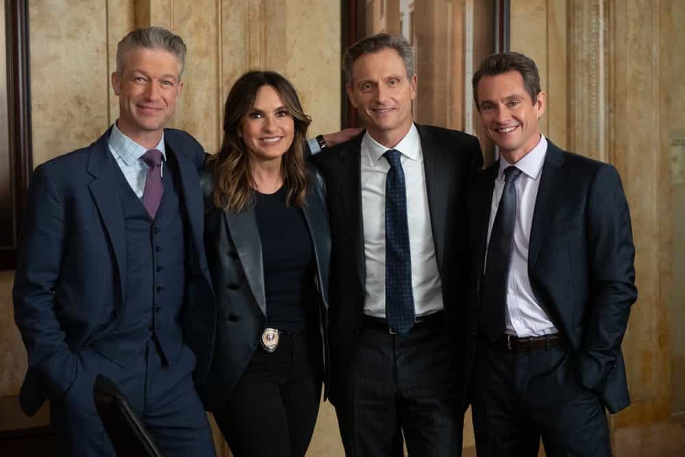 LAW & ORDER: SPECIAL VICTIMS UNIT -- "False Idols" Episode 27007 -- Pictured: (l-r) Peter Scanavino as A.D.A Dominick "Sonny" Carisi Jr., Mariska Hargitay as Capt. Olivia Benson, Tony Goldwyn as DA Nicholas Baxter, Hugh Dancy as A.D.A. Nolan Price -- (Photo by: Virginia Sherwood/NBC)
