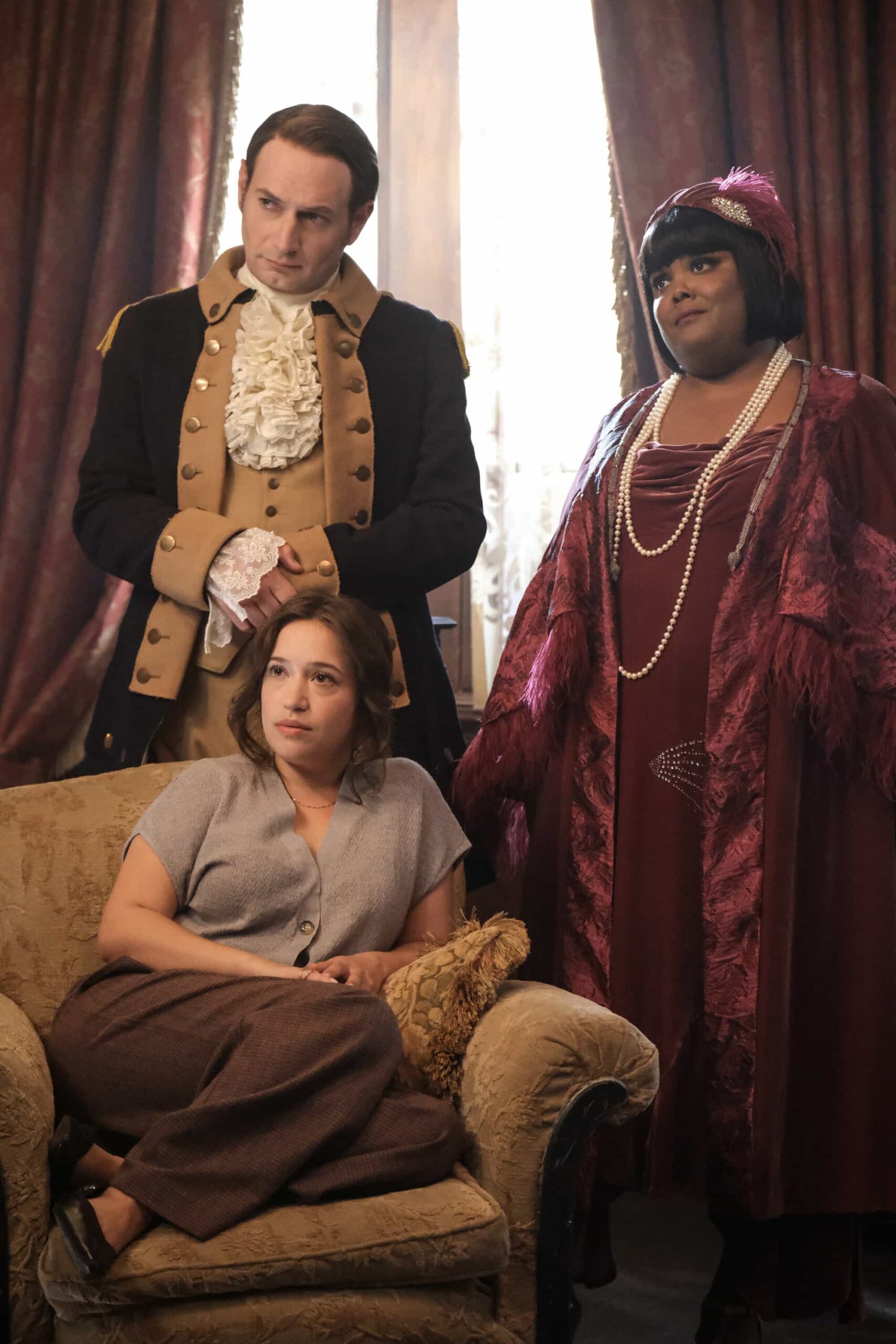 Ghosts Season 5 Episode 5 “T-Daddy” – Trevor’s relationship with his daughter is strained when he pushes her to follow a career in finance over poetry. Meanwhile, Jay confronts labor unrest at the restaurant, on GHOSTS, Thursday, Nov. 13 (8:30-9:00 PM, ET/PT) on the CBS Television Network, and streaming on Paramount+ (live and on-demand for Paramount+ Premium plan subscribers, or on-demand for Paramount+ Essential subscribers the day after the episode airs)*.  Pictured (L-R): Gideon Adlon as Abby, Brandon Scott Jones as Isaac, and Danielle Pinnock as Alberta.  Photo: Bertrand Calmeau/CBS ©2025 CBS Broadcasting, Inc. All Rights Reserved.