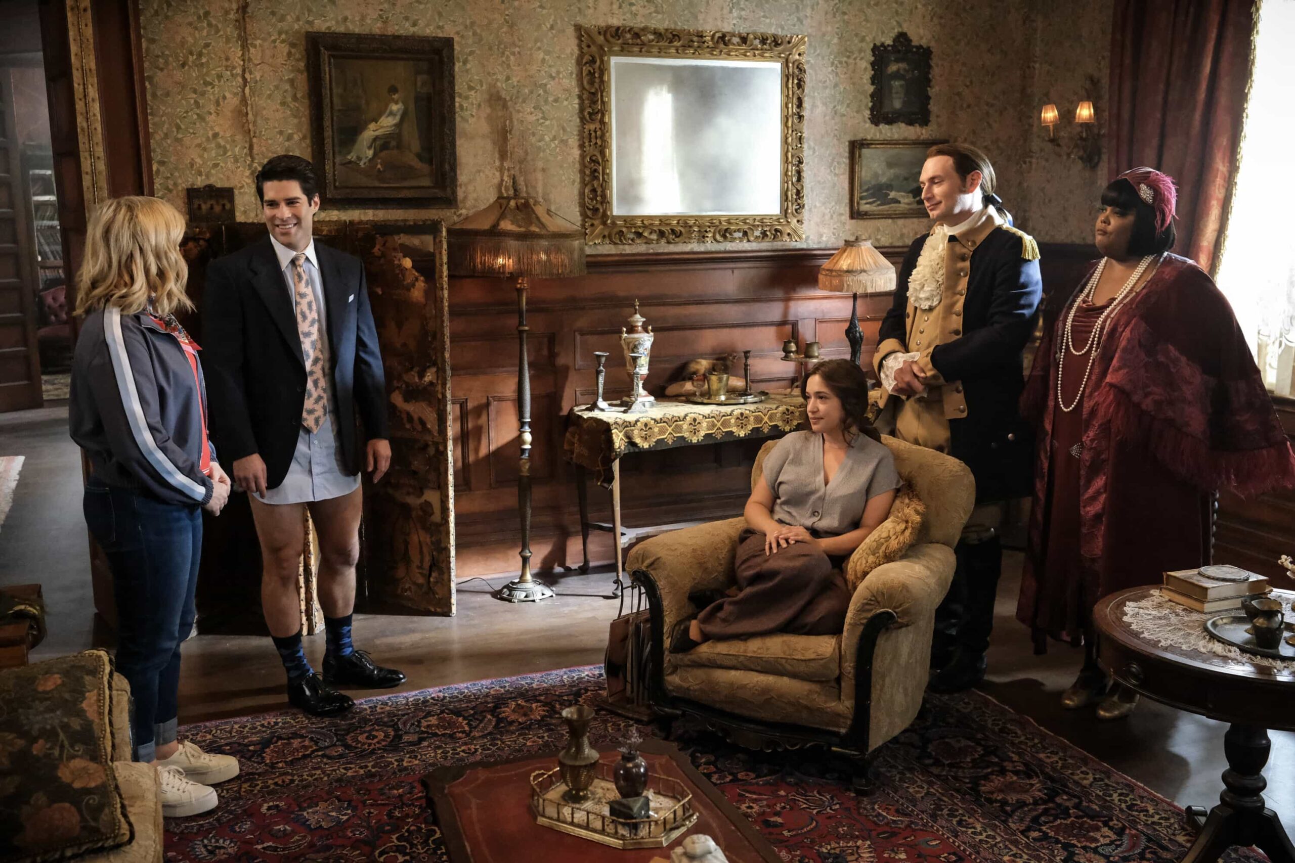 “T-Daddy” – Trevor’s relationship with his daughter is strained when he pushes her to follow a career in finance over poetry. Meanwhile, Jay confronts labor unrest at the restaurant, on GHOSTS, Thursday, Nov. 13 (8:30-9:00 PM, ET/PT) on the CBS Television Network, and streaming on Paramount+ (live and on-demand for Paramount+ Premium plan subscribers, or on-demand for Paramount+ Essential subscribers the day after the episode airs)*.  Pictured (L-R): Rose McIver as Samantha, Asher Grodman as Trevor, Gideon Adlon as Abby, Brandon Scott Jones as Isaac, and Danielle Pinnock as Alberta.  Photo: Bertrand Calmeau/CBS ©2025 CBS Broadcasting, Inc. All Rights Reserved.