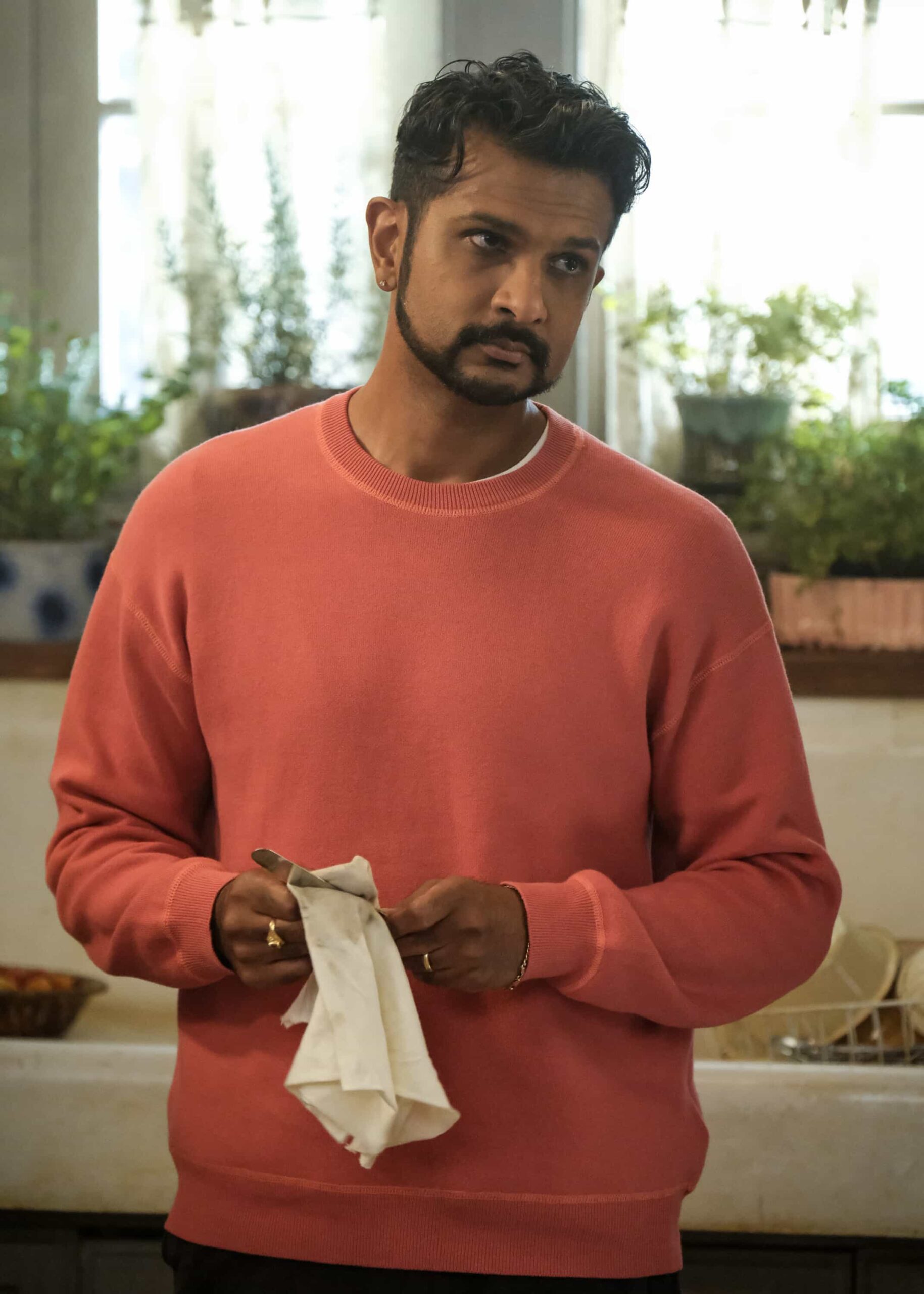 “T-Daddy” – Trevor’s relationship with his daughter is strained when he pushes her to follow a career in finance over poetry. Meanwhile, Jay confronts labor unrest at the restaurant, on GHOSTS, Thursday, Nov. 13 (8:30-9:00 PM, ET/PT) on the CBS Television Network, and streaming on Paramount+ (live and on-demand for Paramount+ Premium plan subscribers, or on-demand for Paramount+ Essential subscribers the day after the episode airs)*.  Pictured (L-R): Utkarsh Ambudkar as Jay.  Photo: Bertrand Calmeau/CBS ©2025 CBS Broadcasting, Inc. All Rights Reserved.