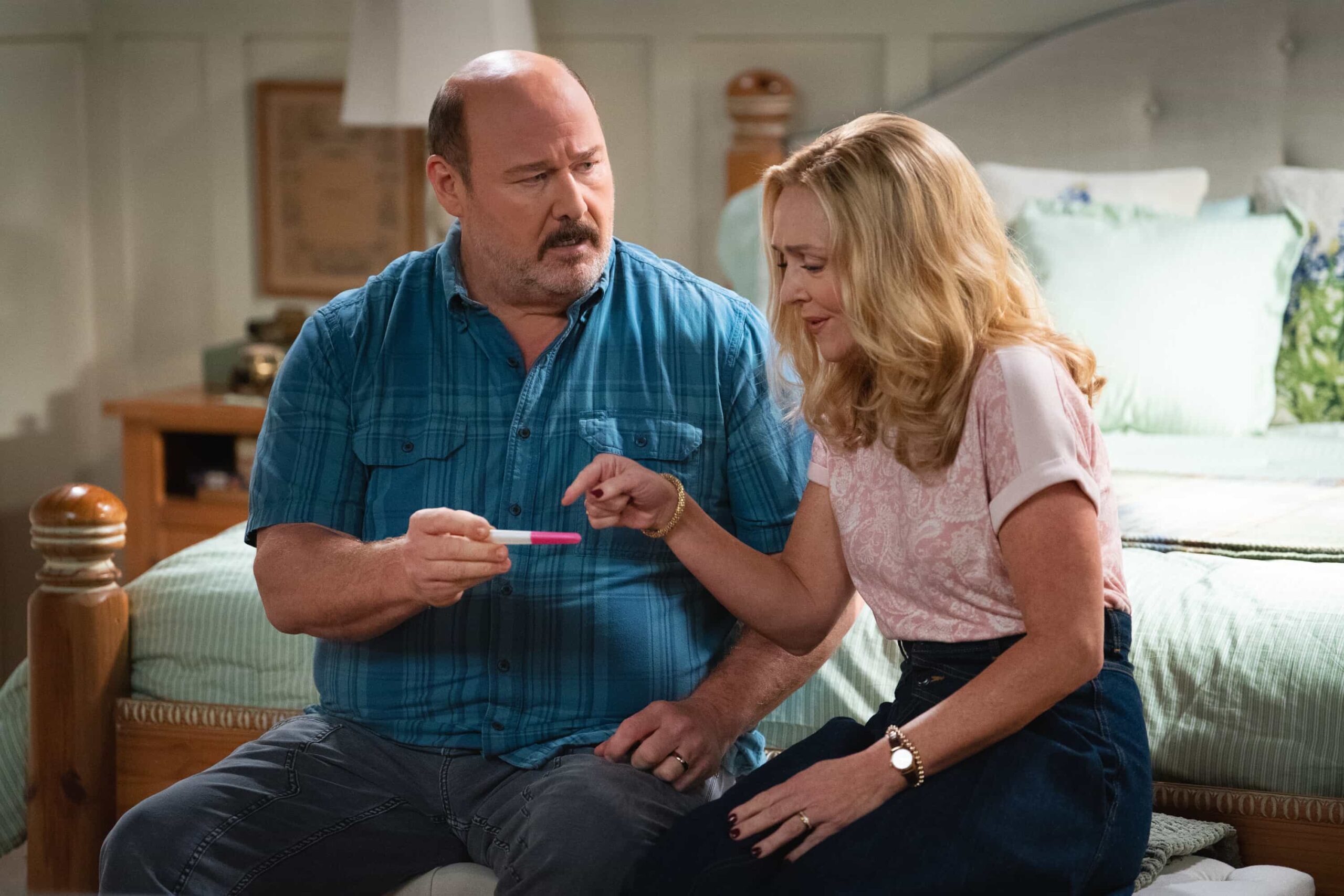 Georgie & Mandy’s First Marriage Season 2 Episode 5, “A Pregnancy Test and an Old Man’s Gallbladder" – Georgie’s jealousy rears its head when Mandy gets sent on an overnight work trip with her ex and current boss, Scott (Christopher Gorham). Meanwhile, Jim and Audrey panic when they find a pregnancy test in Connor’s trash, on GEORGIE & MANDY’S FIRST MARRIAGE, Thursday, Nov. 13 (8:00-8:30 PM, ET/PT) on the CBS Television Network, and streaming on Paramount+ (live and on-demand for Paramount+ Premium plan subscribers, or on-demand for Paramount+ Essential subscribers the day after the episode airs)*.  Pictured (L-R): Will Sasso as Jim and Rachel Bay Jones as Audrey  Photo: Troy Harvey/CBS ©2025 CBS Broadcasting, Inc. All Rights Reserved.