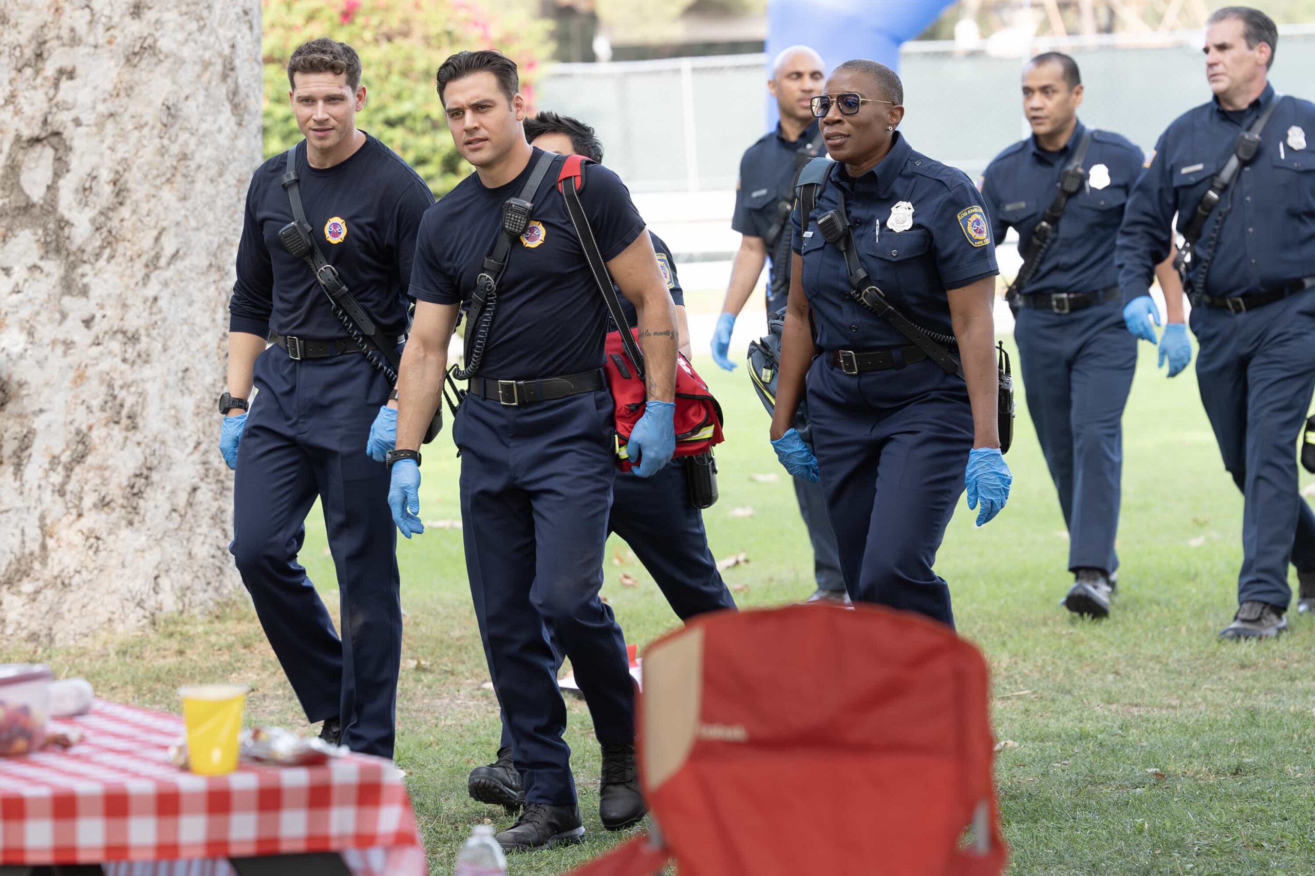 9-1-1 - “Family History” - Athena must revisit a painful part of her past when answering a call for help. Meanwhile, the 118 takes a big step forward. THURSDAY, NOV. 13 (8:00-9:00 p.m. EST) on ABC. (Disney/Christopher Willard) 
OLIVER STARK, RYAN GUZMAN, AISHA HINDS