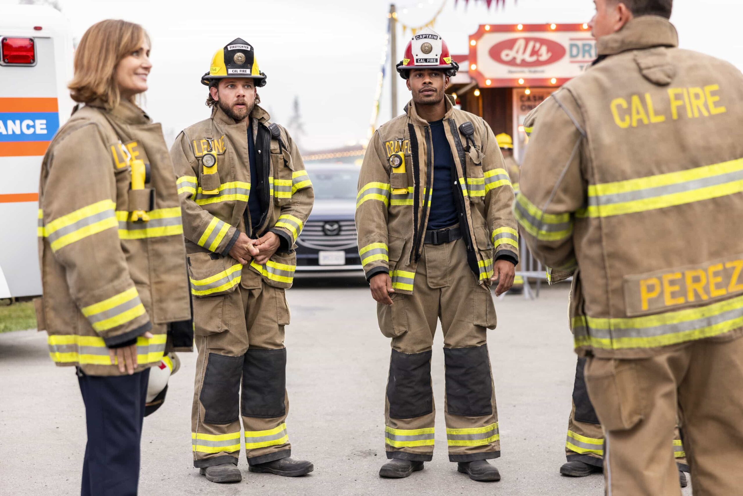 “Happy First Day, Manny” – The team responds to a dangerous fire at the local drive in movie theater where they must enlist civilians to help stop the spread, on FIRE COUNTRY, Friday, Nov. 14 (9:00-10:00 PM, ET/PT) on the CBS Television Network, and streaming on Paramount+ (live and on-demand for Paramount+ Premium plan subscribers, or on-demand for Paramount+ Essential subscribers the day after the episode airs).  Pictured (L-R): Max Thieriot as Bode Leone and Jordan Calloway as Jake Crawford. Photo: Eike Schroter/CBS ©2025 CBS Broadcasting, Inc. All Rights Reserved.