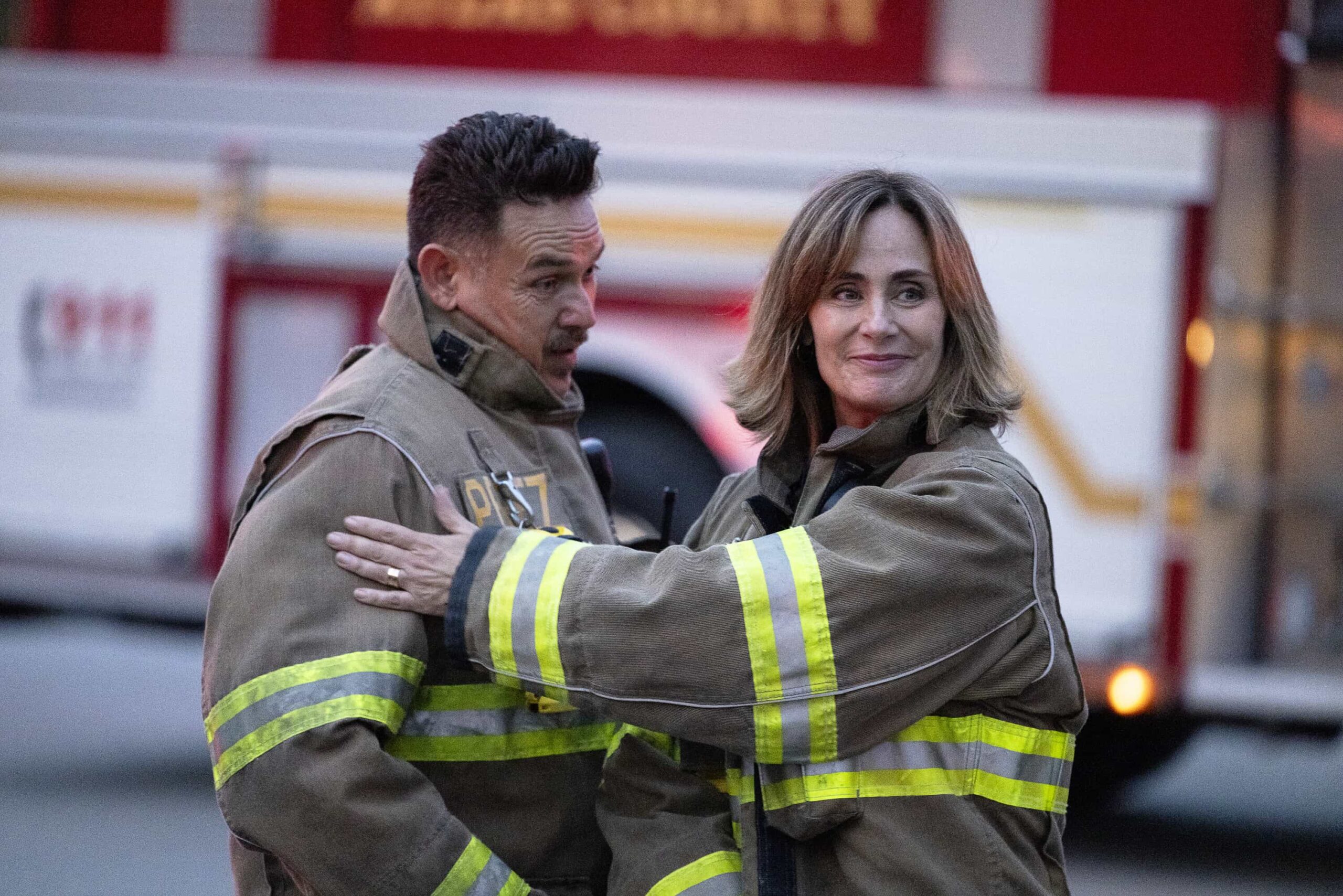Fire Country Season 4 Episode 5 “Happy First Day, Manny” – The team responds to a dangerous fire at the local drive in movie theater where they must enlist civilians to help stop the spread, on FIRE COUNTRY, Friday, Nov. 14 (9:00-10:00 PM, ET/PT) on the CBS Television Network, and streaming on Paramount+ (live and on-demand for Paramount+ Premium plan subscribers, or on-demand for Paramount+ Essential subscribers the day after the episode airs).  Pictured (L-R): Kevin Alejandro as Manny Perez and Diane Farr as Sharon Leone. Photo: Eike Schroter/CBS ©2025 CBS Broadcasting, Inc. All Rights Reserved.