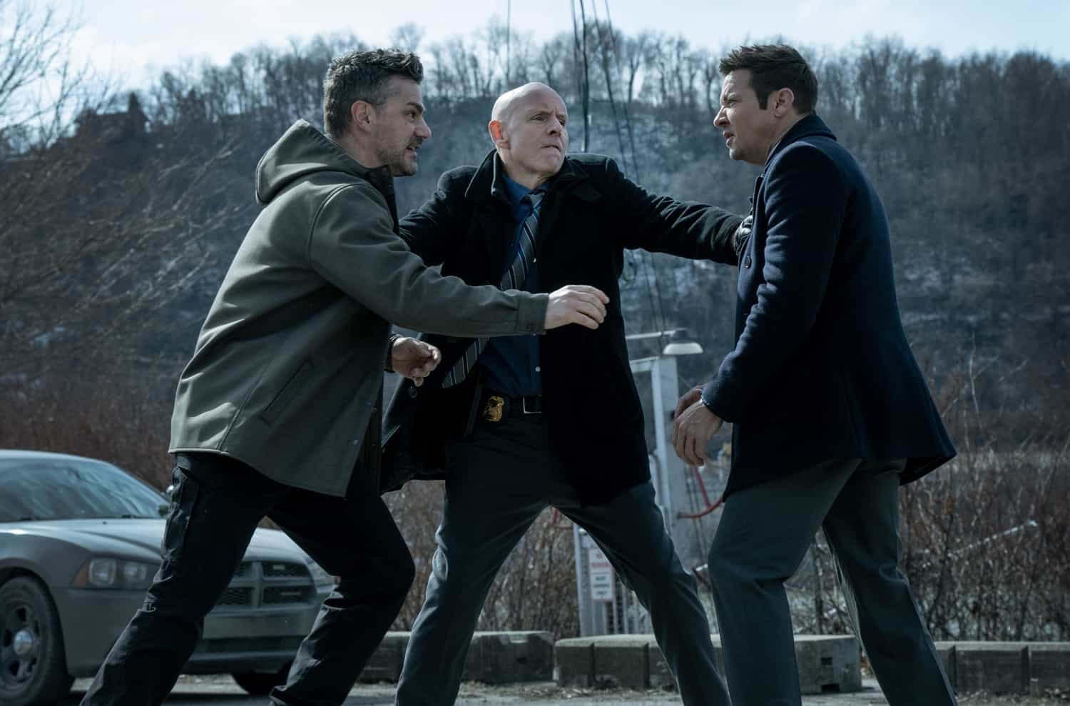 L-R: Hamish Allan-Headley as Robert, Hugh Dillon as Ian and Jeremy Renner as Mike McLusky in Mayor of Kingstown episode 4, season 4 streaming on Paramount+, 2025. Credit: Dennis P. Mong Jr./Paramount+