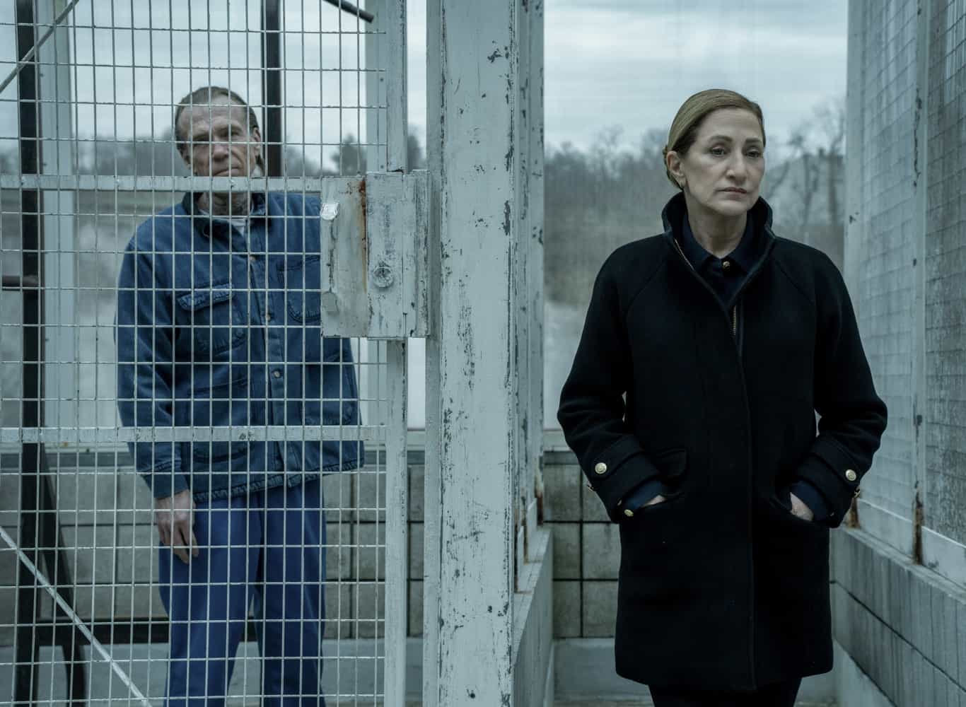 Mayor of Kingstown Season 4 Episode 4 “Sins of Omission” Richard Brake as Merle Callahan and Edie Falco as Nina Hobbs in Mayor of Kingstown episode 4, season 4 streaming on Paramount+, 2025. Credit: Dennis P. Mong Jr./Paramount+