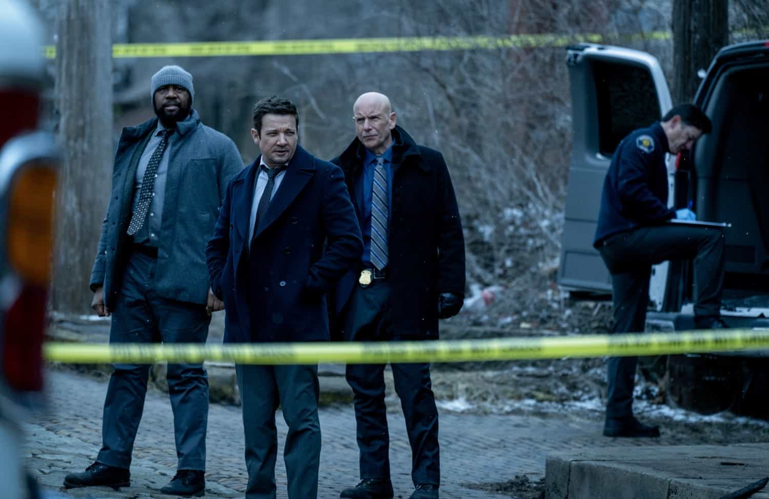 L-R: Derek Webster as Stevie, Hugh Dillon as Ian and Jeremy Renner as Mike McLusky in Mayor of Kingstown episode 4, season 4, streaming on Paramount+, 2025. Credit: Dennis P. Mong Jr./Paramount+