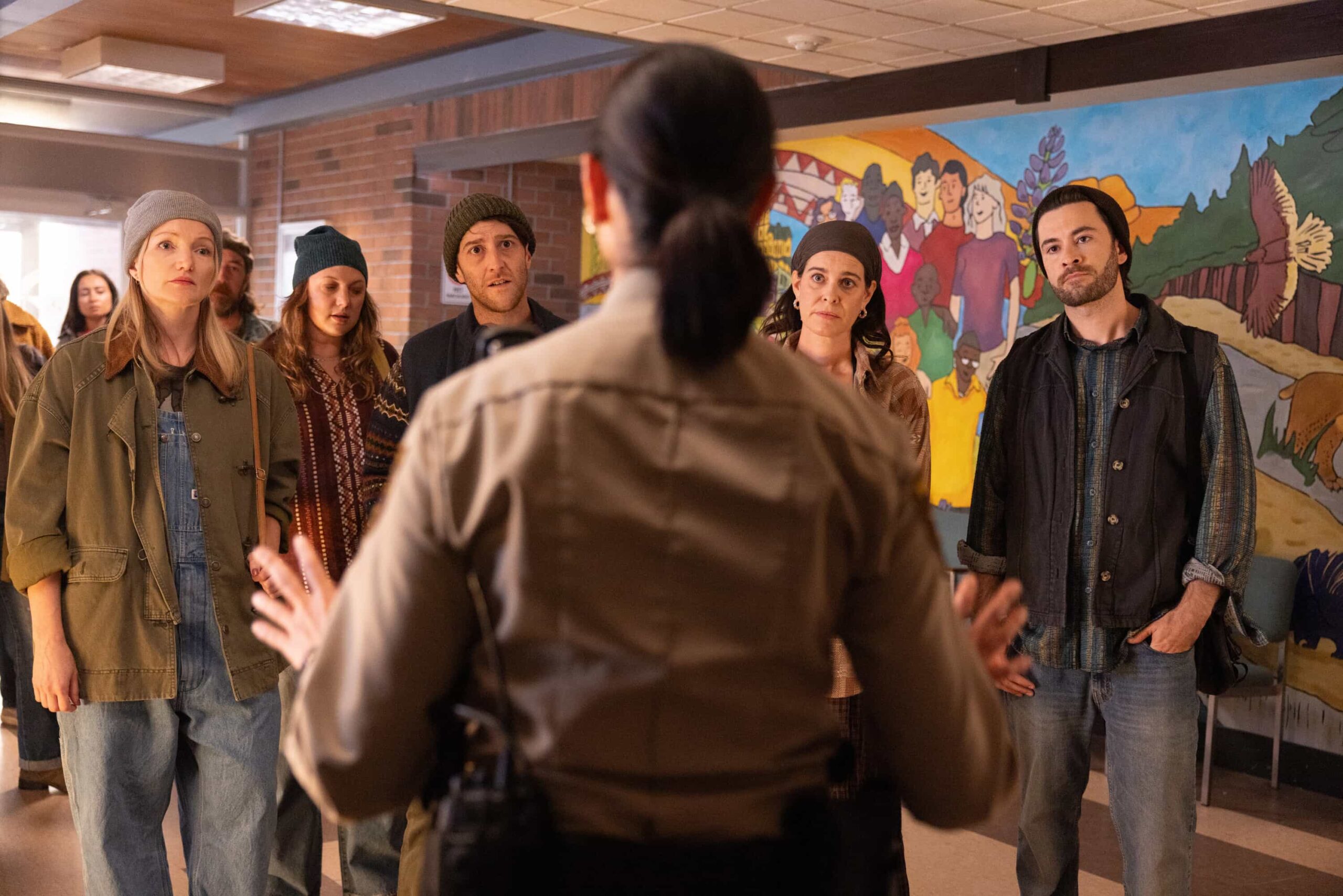 “Death & Taxes” – As cannabis growers in Edgewater scramble to pay their taxes in cash, a violent robbery leaves a man in critical condition and exposes the vulnerability of the legal cannabis trade. Meanwhile, Mickey navigates a tense meal with her stepsister, Sharon (FIRE COUNTRY), on SHERIFF COUNTRY, Friday, Dec. 12 (8:00-9:00 PM, ET/PT) on the CBS Television Network, and streaming on Paramount+ (live and on-demand for Paramount+ Premium plan subscribers, or on-demand for Paramount+ Essential subscribers the day after the episode airs)*. Pictured: Krista Barzso, Emily Dickinson, Brandon MacPherson, Devon MacDonald and Benjamin Forrester as Unhappy Growers. Photo: Darren Goldstein/CBS ©2025 CBS Broadcasting, Inc. All Rights Reserved.