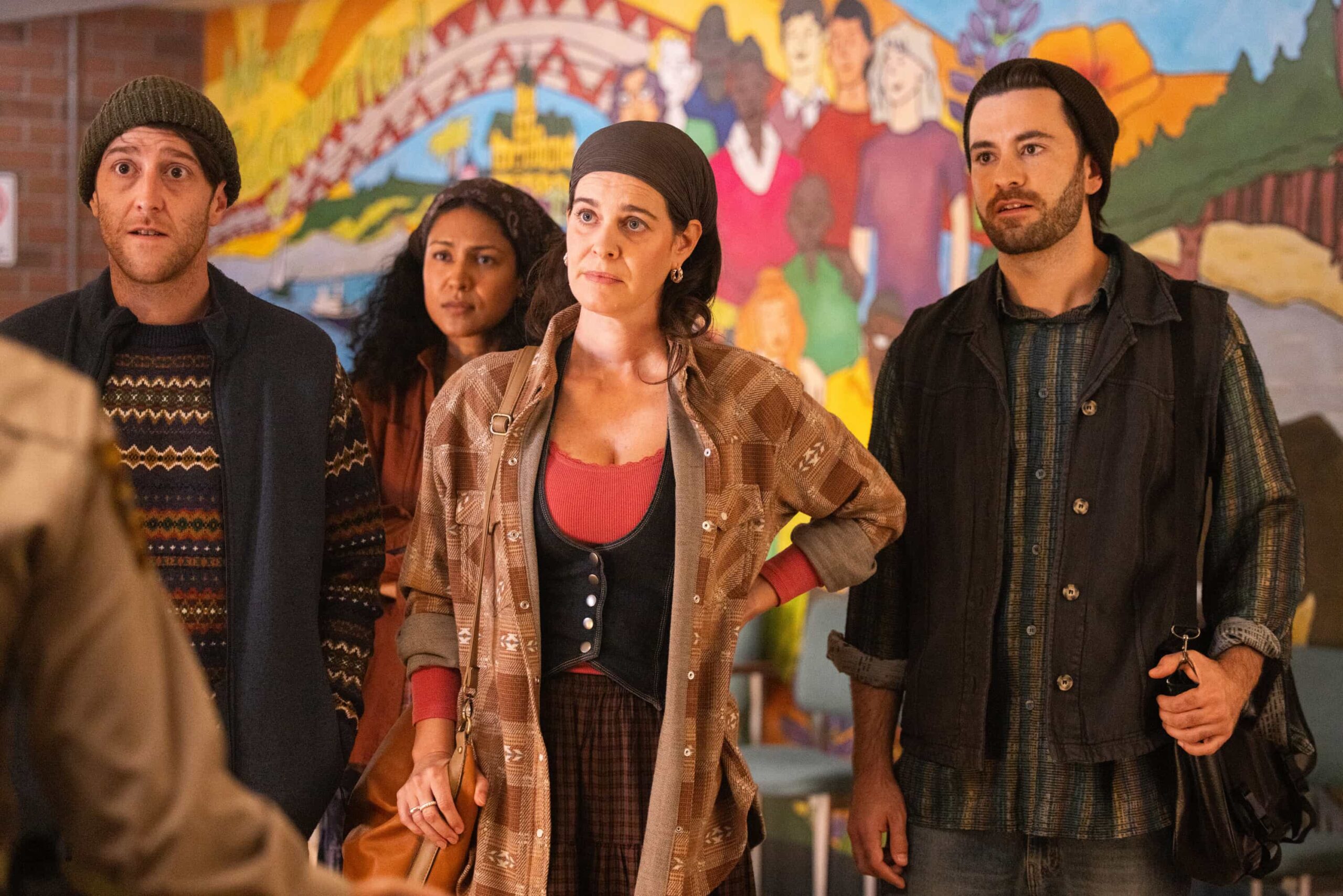 “Death & Taxes” – As cannabis growers in Edgewater scramble to pay their taxes in cash, a violent robbery leaves a man in critical condition and exposes the vulnerability of the legal cannabis trade. Meanwhile, Mickey navigates a tense meal with her stepsister, Sharon (FIRE COUNTRY), on SHERIFF COUNTRY, Friday, Dec. 12 (8:00-9:00 PM, ET/PT) on the CBS Television Network, and streaming on Paramount+ (live and on-demand for Paramount+ Premium plan subscribers, or on-demand for Paramount+ Essential subscribers the day after the episode airs)*. Pictured: Brandon MacPherson, Noor Kaur Dhanda, Devon MacDonald and Benjamin Forrester as Unhappy Growers. Photo: Darren Goldstein/CBS ©2025 CBS Broadcasting, Inc. All Rights Reserved.