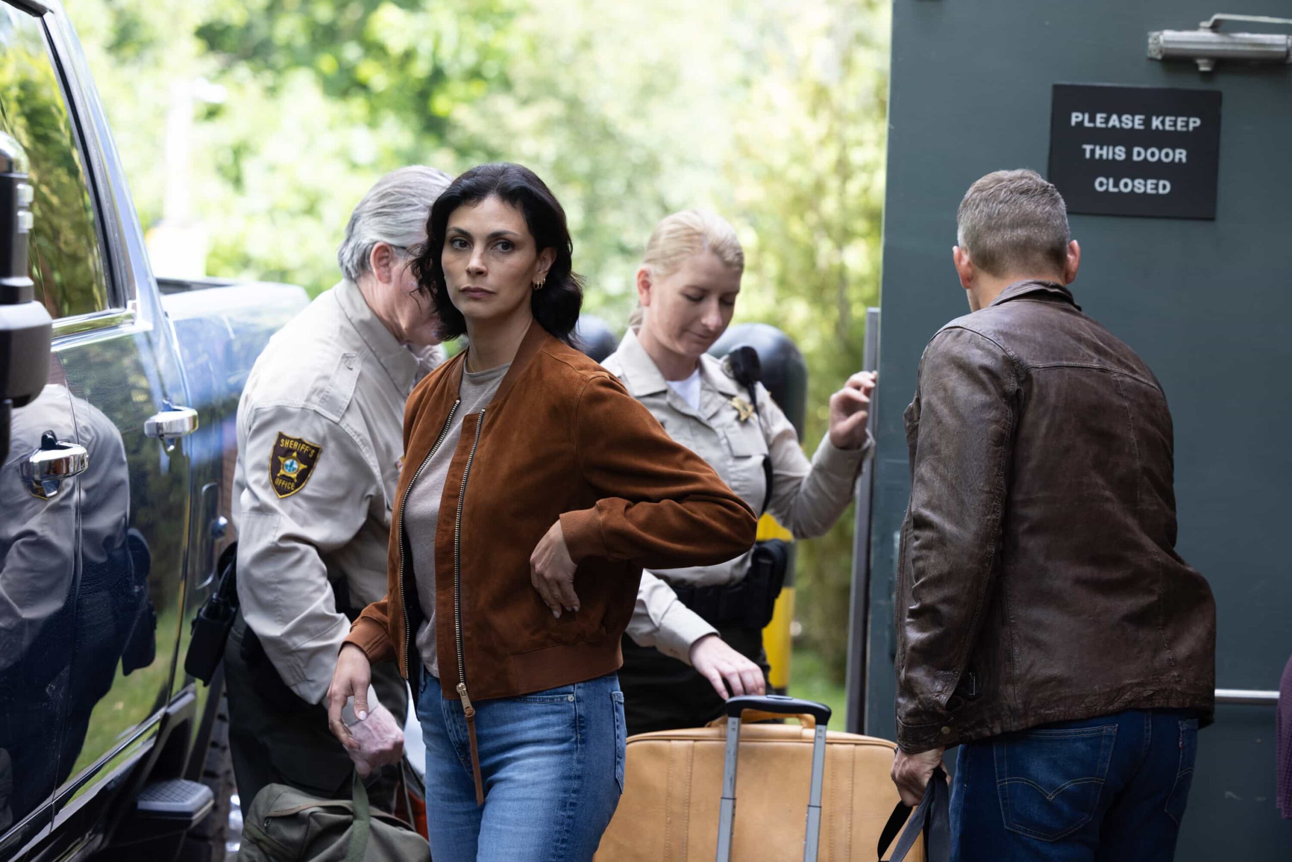 “Expecting Trouble” – A high-stakes transport mission puts Sheriff Mickey Fox and Deputy Boone on edge as they race against time to protect a vulnerable witness, on SHERIFF COUNTRY, Friday, Nov. 14 (8:00-9:00 PM, ET/PT) on the CBS Television Network, and streaming on Paramount+ (live and on-demand for Paramount+ Premium plan subscribers, or on-demand for Paramount+ Essential subscribers the day after the episode airs)*.  Pictured: Morena Baccarin as Sheriff Mickey Fox. Photo: Christos Kalohoridis/CBS ©2025 CBS Broadcasting, Inc. All Rights Reserved.