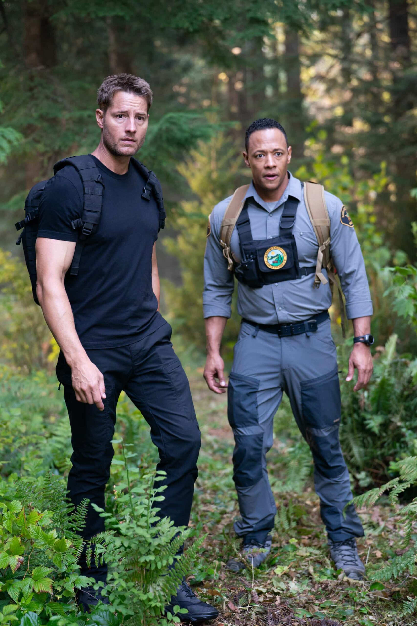 Tracker Season 3 Episode 5 “The Old Ways” – When four teens vanish during a hike in the Santa Cruz Mountains, Colter’s search uncovers a hidden agenda behind their journey, leading him to an off-grid community where all their lives are put in danger, Sunday, Nov. 16 (8:30-9:30PM, ET/PT) on the CBS Television Network, and streaming on Paramount+ (live and on-demand for Paramount+ Premium plan subscribers, or on-demand for Paramount+ Essential subscribers the day after the episode airs)*.   Pictured: Justin Hartley as Colter Shaw and Emerson Brooks as Luke Parsons.  Photo: Colin Bentley/CBS ©2025 CBS Broadcasting, Inc. All Rights Reserved.