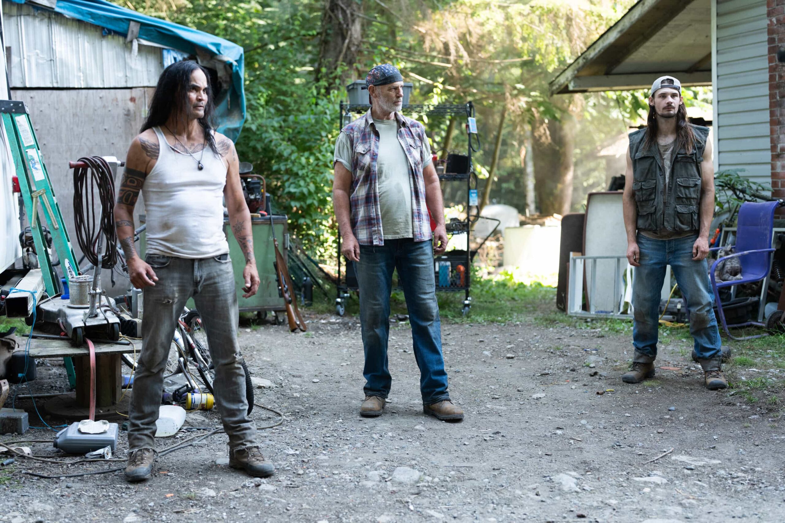 “The Old Ways” – When four teens vanish during a hike in the Santa Cruz Mountains, Colter’s search uncovers a hidden agenda behind their journey, leading him to an off-grid community where all their lives are put in danger, Sunday, Nov. 16 (8:30-9:30PM, ET/PT) on the CBS Television Network, and streaming on Paramount+ (live and on-demand for Paramount+ Premium plan subscribers, or on-demand for Paramount+ Essential subscribers the day after the episode airs)*.  Pictured: Kymo Van Oers as Shirtless Man, Gardiner Millar as Eagle Bandana and Brendan Staples as Bearded Man. Photo: Darko Sikman/CBS ©2025 CBS Broadcasting, Inc. All Rights Reserved.