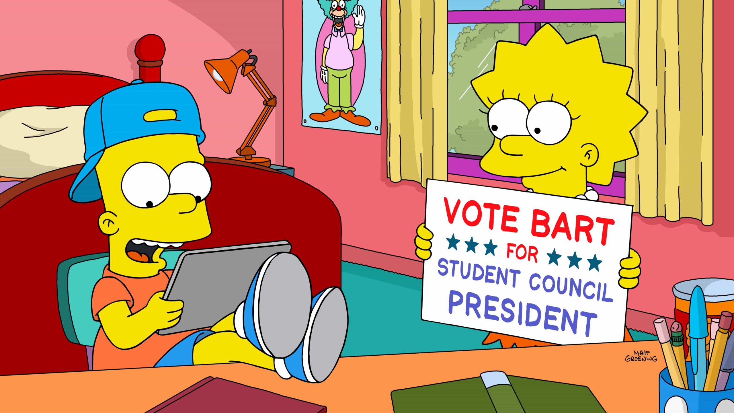 The Simpsons Season 37 Episode 7: Bart runs against Mayor Quimby's son for student council president, while Lisa learns troubling secrets about the Quimby clan, and about the Simpsons! in the "Sashes to Sashes" episode of THE SIMPSONS airing Sunday, Nov. 16 (8:00-8:30 PM ET/PT) on FOX. THE SIMPSONS © 2025 by 20th Television.