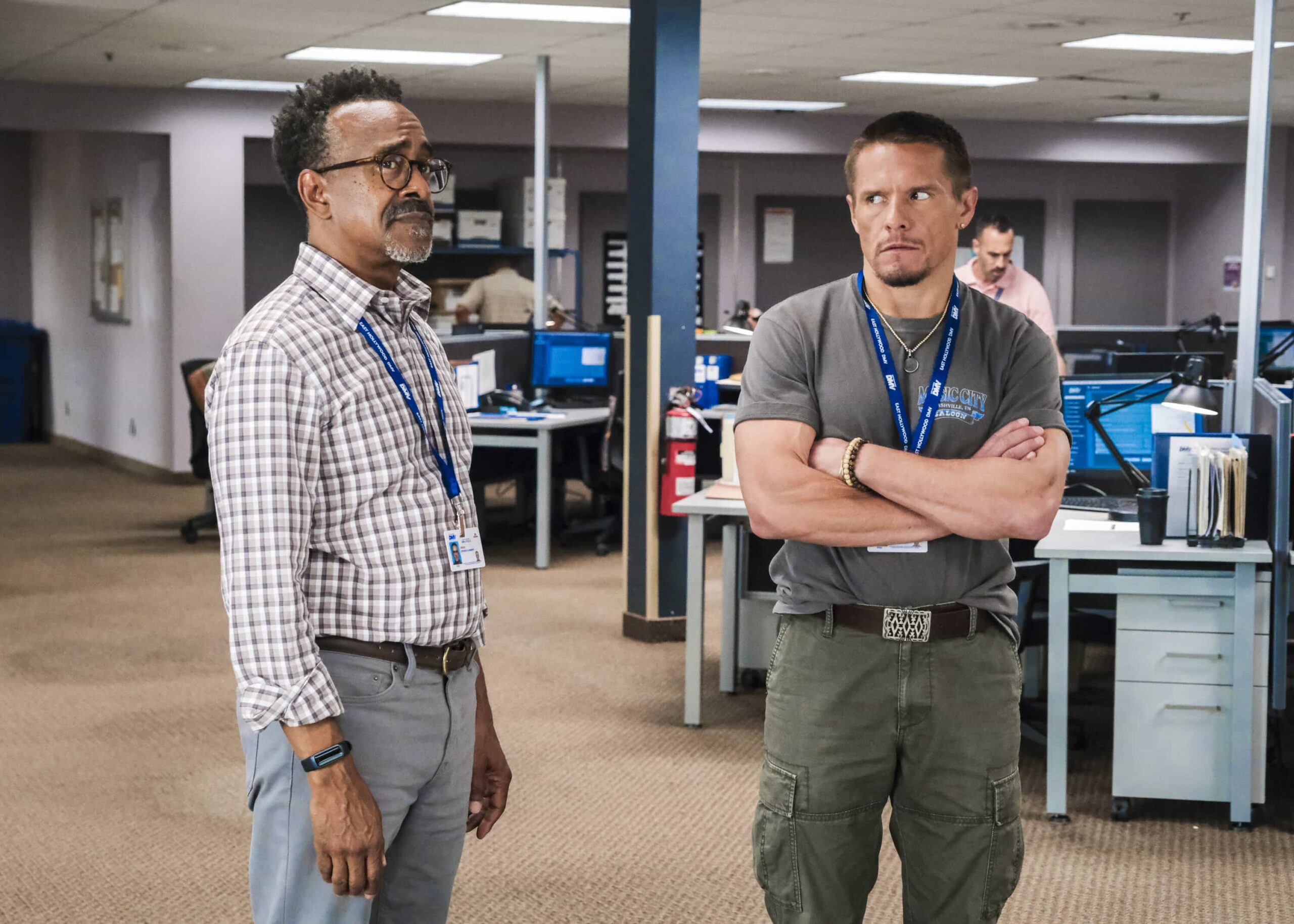 “Blindspot” – Colette is crushed to learn that Noa is dating someone. So, Ceci encourages Colette to fight for him using magic. Meanwhile, Barb tries to find out who is defacing DMV property with childishly inappropriate drawings, on DMV, Monday, Nov. 17 (8:30-9:00 PM, ET/PT) on the CBS Television Network, and streaming on Paramount+ (live and on-demand for Paramount+ Premium plan subscribers, or on-demand for Paramount+ Essential subscribers the day after the episode airs)*. Pictured L to R: Tim Meadows as Gregg and Tony Cavalero as Vic. Photo: Bertrand Calmeau/CBS ©2025 CBS Broadcasting, Inc. All Rights Reserved.