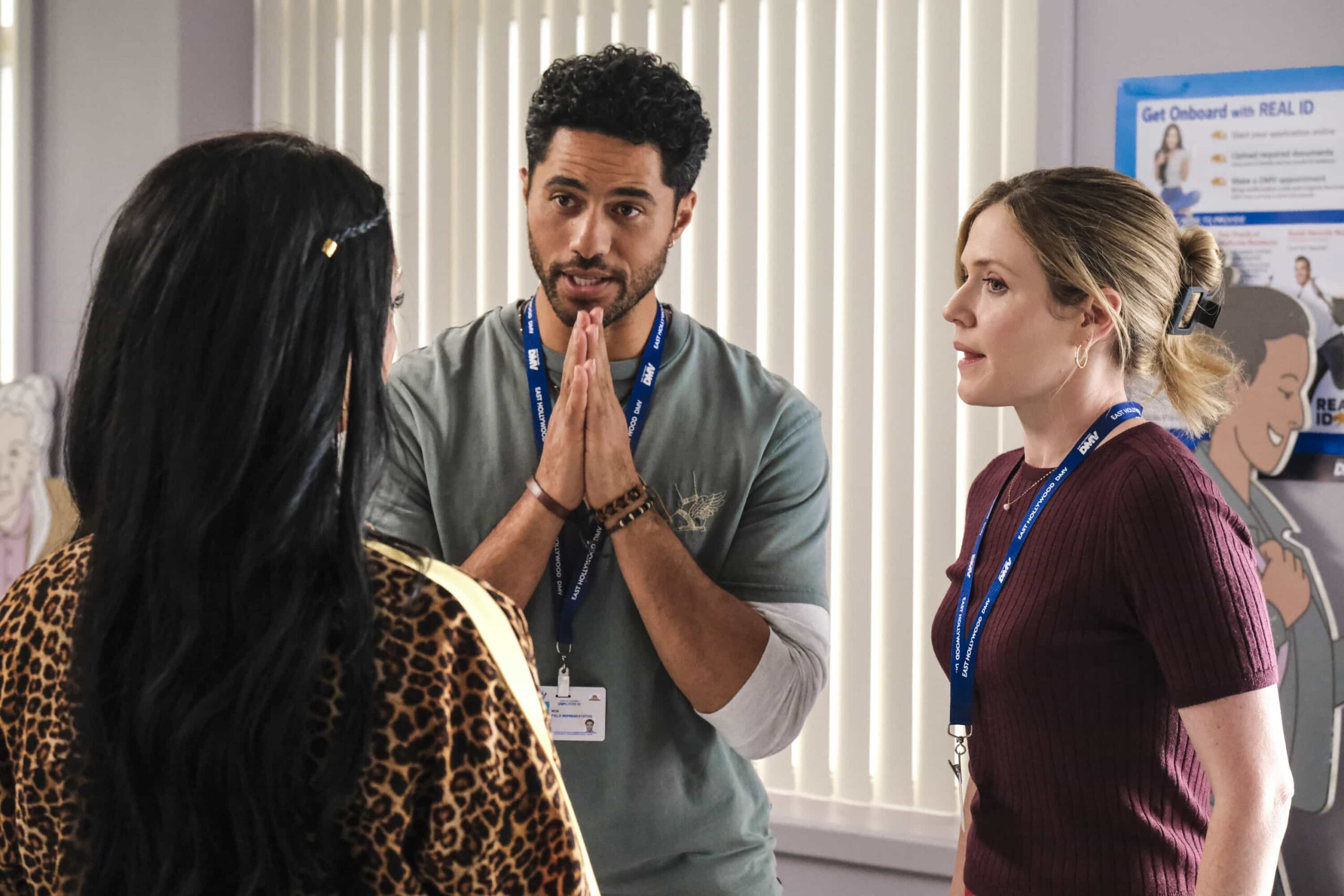 “Blindspot” – Colette is crushed to learn that Noa is dating someone. So, Ceci encourages Colette to fight for him using magic. Meanwhile, Barb tries to find out who is defacing DMV property with childishly inappropriate drawings, on DMV, Monday, Nov. 17 (8:30-9:00 PM, ET/PT) on the CBS Television Network, and streaming on Paramount+ (live and on-demand for Paramount+ Premium plan subscribers, or on-demand for Paramount+ Essential subscribers the day after the episode airs)*. Pictured L to R: Gigi Zumbado as Ceci, Alex Tarrant as Noa, and Harriet Dyer as Colette. Photo: Bertrand Calmeau/CBS ©2025 CBS Broadcasting, Inc. All Rights Reserved.