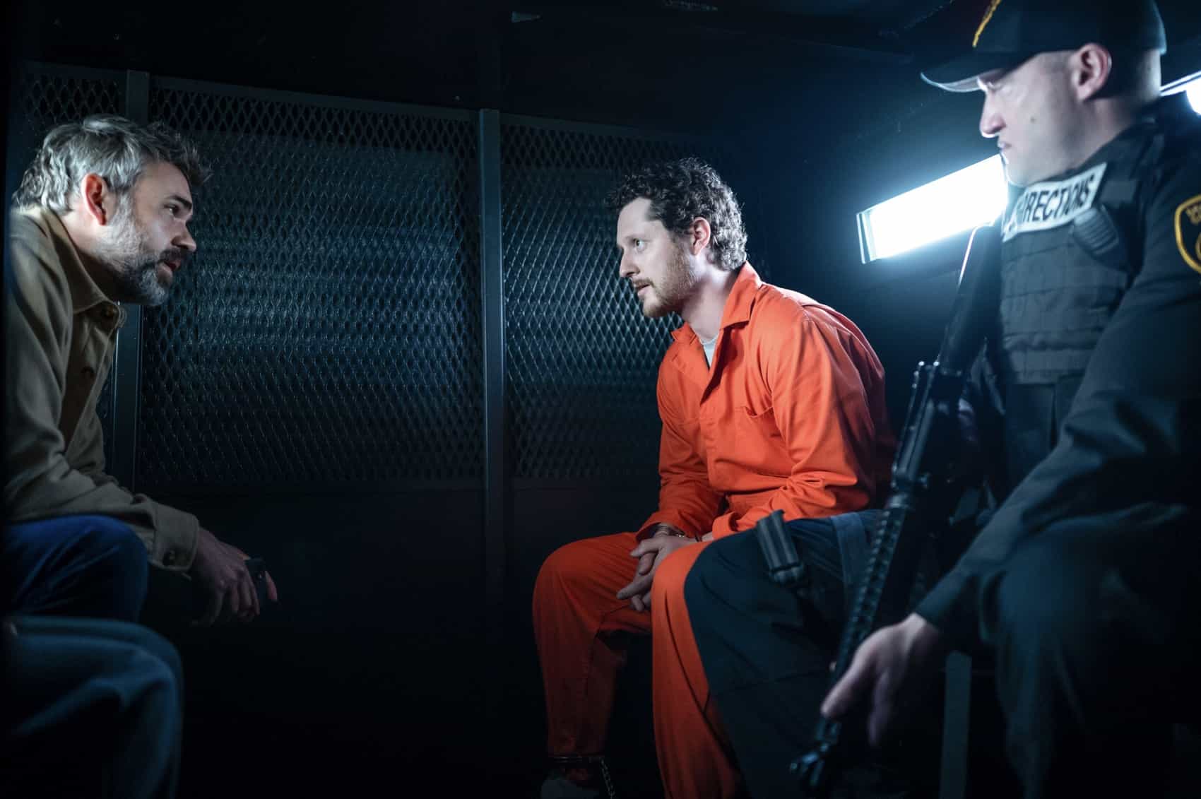 MURDER IN A SMALL TOWN: L-R: Rossif Sutherland, guest star Noah Reid, and guest star  Patrick Roccas in the "Masterpiece" episode of MURDER IN A SMALL TOWN airing Tuesday, Nov. 18 (8:00-9:00PM ET/PT) on FOX. ©2025 Fox Media LLC. CR: Kailey Schwerman/ FOX.