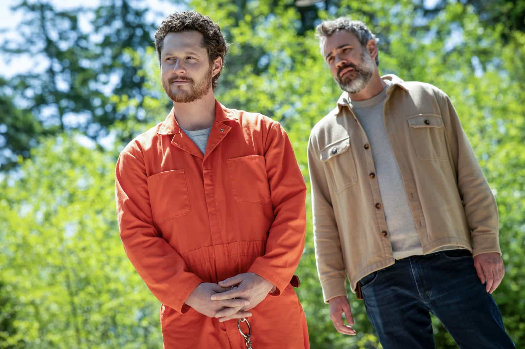 Murder in a Small Town Season 2 Episode 8 : L-R: Guest star Noah Reid, and Rossif Sutherland in the "Masterpiece" episode of MURDER IN A SMALL TOWN airing Tuesday, Nov. 18 (8:00-9:00PM ET/PT) on FOX. ©2025 Fox Media LLC. CR: Kailey Schwerman/ FOX.