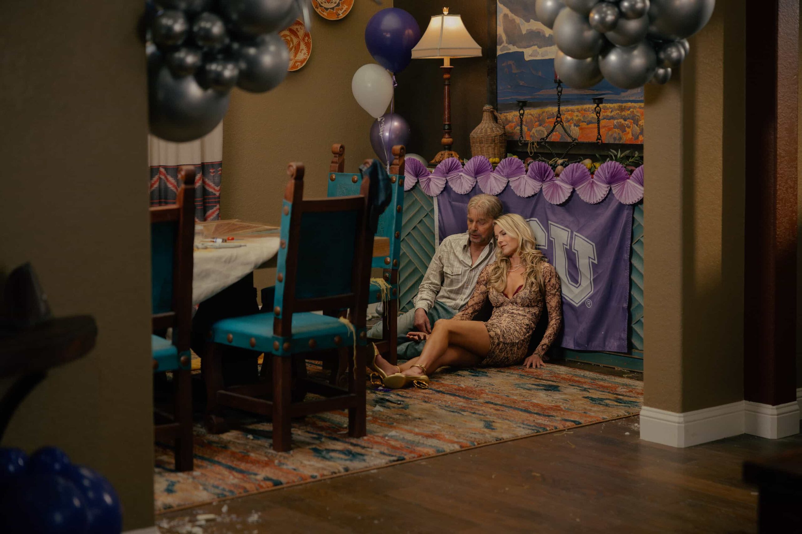 Billy Bob Thornton as Tommy Norris and Ali Larter as Angela Norris in Landman episode 1, season 2, streaming on Paramount+. Photo Credit: Emerson Miller/Paramount+