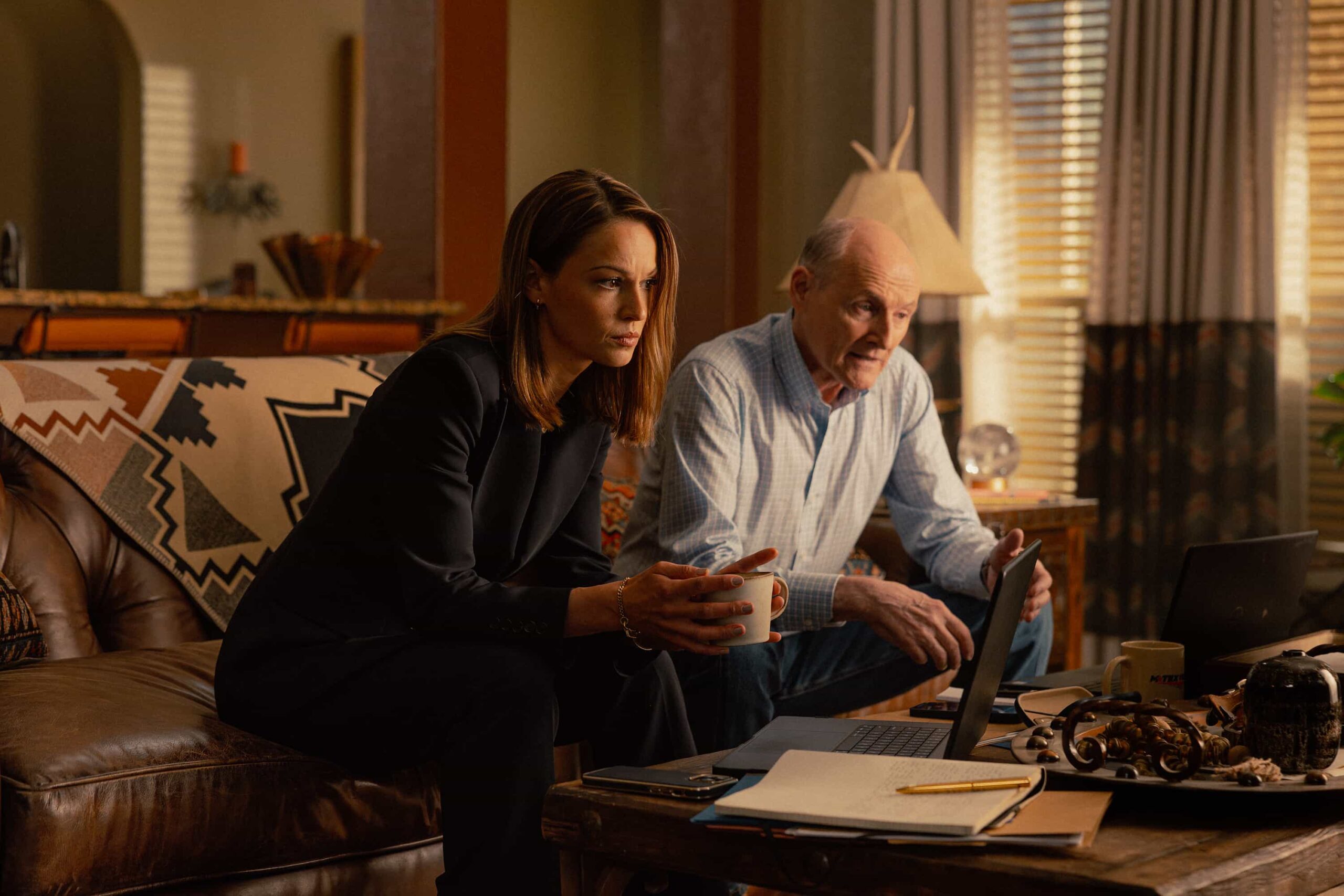 Kayla Wallace as Rebecca and Colm Feore as Nathan in Landman episode 2, season 2, streaming on Paramount+. Photo Credit: Emerson Miller/Paramount+