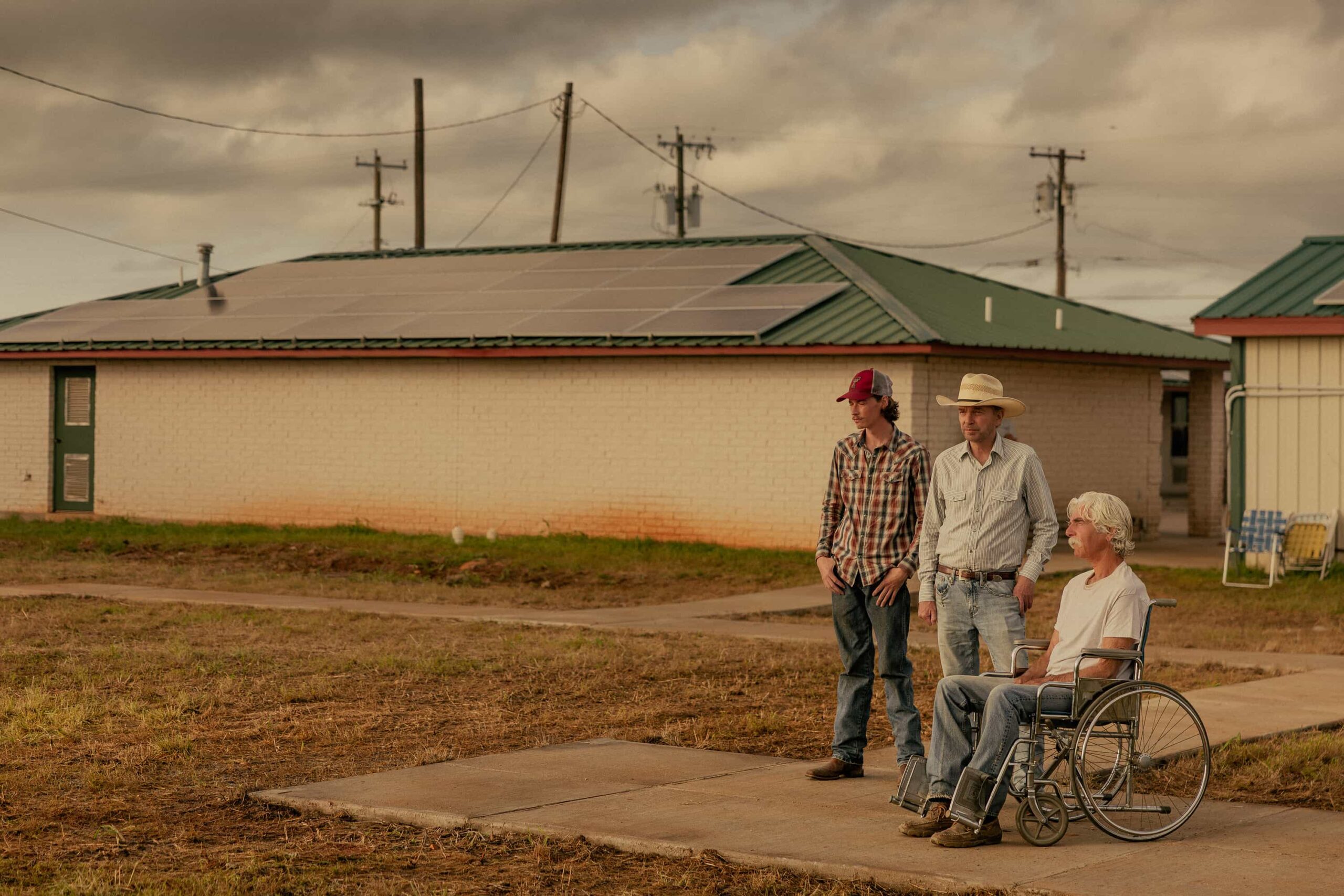 Jacob Lofland as Cooper, Billy Bob Thornton as Tommy and Sam Elliott as T.L. in Landman episode 2, season 2, streaming on Paramount+. Photo Credit: Emerson Miller/Paramount+