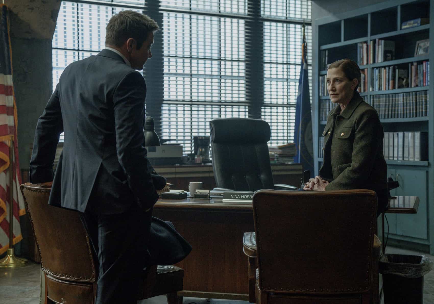 Jeremy Renner as Mike McLusky and Edie Falco as Nina Hobbs in Mayor of Kingstown episode 5, season 4, streaming on Paramount+, 2025. Credit: Dennis P. Mong Jr./Paramount +