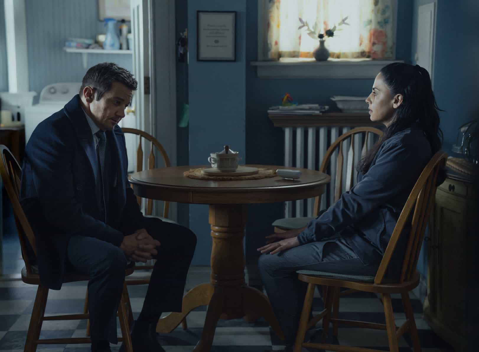 Jeremy Renner as Mike McLusky and Nishi Munshi as Tracy in Mayor of Kingstown episode 5, season 4, streaming on Paramount+, 2025. Credit: Dennis P. Mong Jr./Paramount +