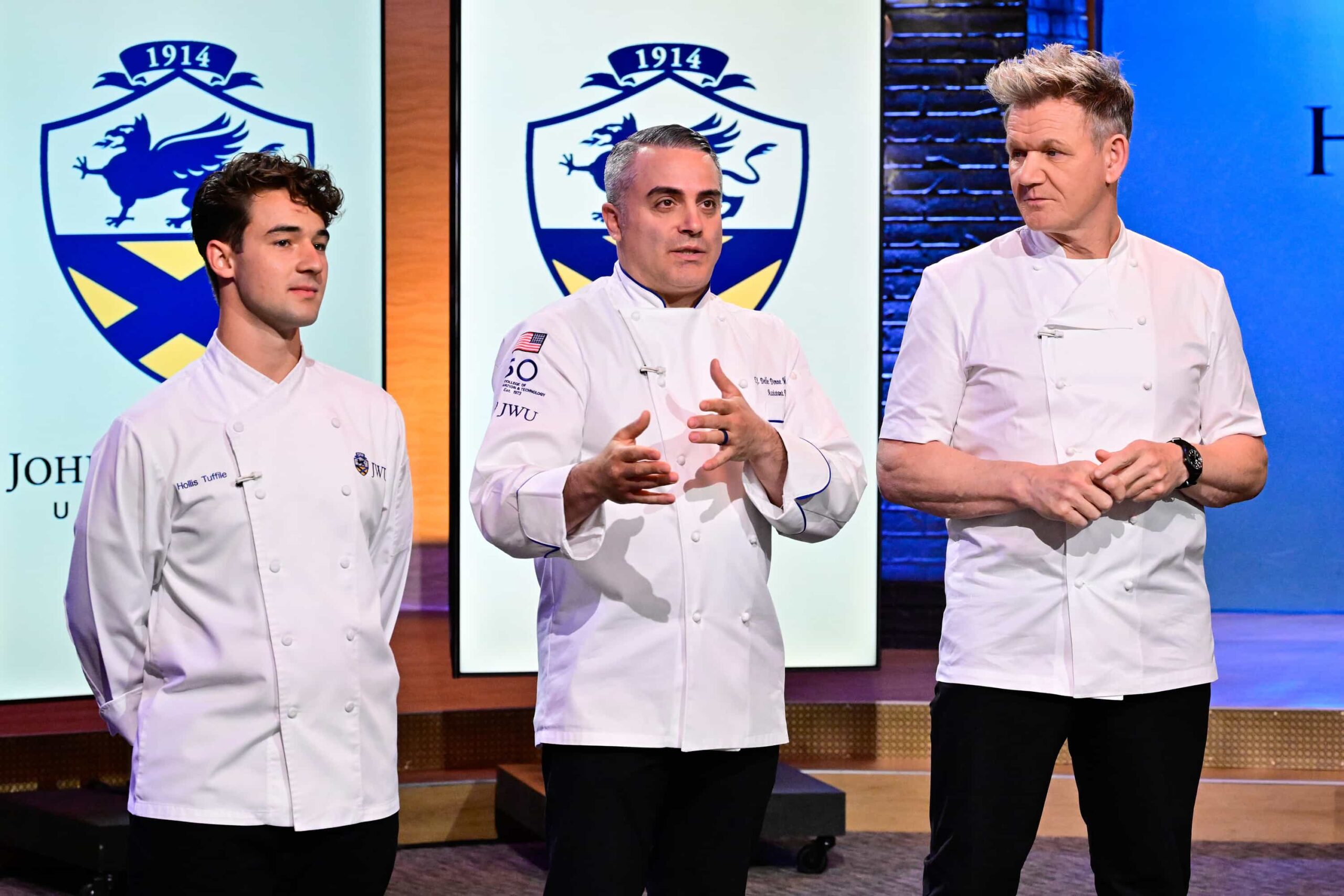 Hell’s Kitchen Season 24 Episode 9 : L-R: Special guests Hollis Tuffile and TJ Delle Donne with Gordon Ramsay in the "Hell Hath No Fury Like Anaiya Scorned" episode of HELL’S KITCHEN airing Thursday, Nov. 20 (8:00- 9:01PM ET/PT) on FOX. CR: FOX. ©2025 FOX Media LLC.