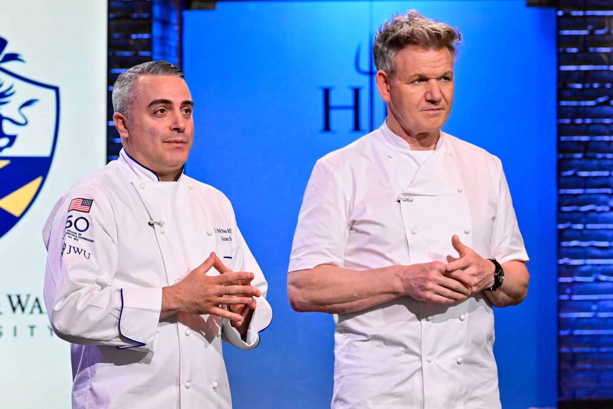 Hell’s Kitchen Season 24 Episode 9 : L-R: Special guest TJ Delle Donne with Gordon Ramsay in the "Hell Hath No Fury Like Anaiya Scorned" episode of HELL’S KITCHEN airing Thursday, Nov. 20 (8:00- 9:01PM ET/PT) on FOX. CR: FOX. ©2025 FOX Media LLC.