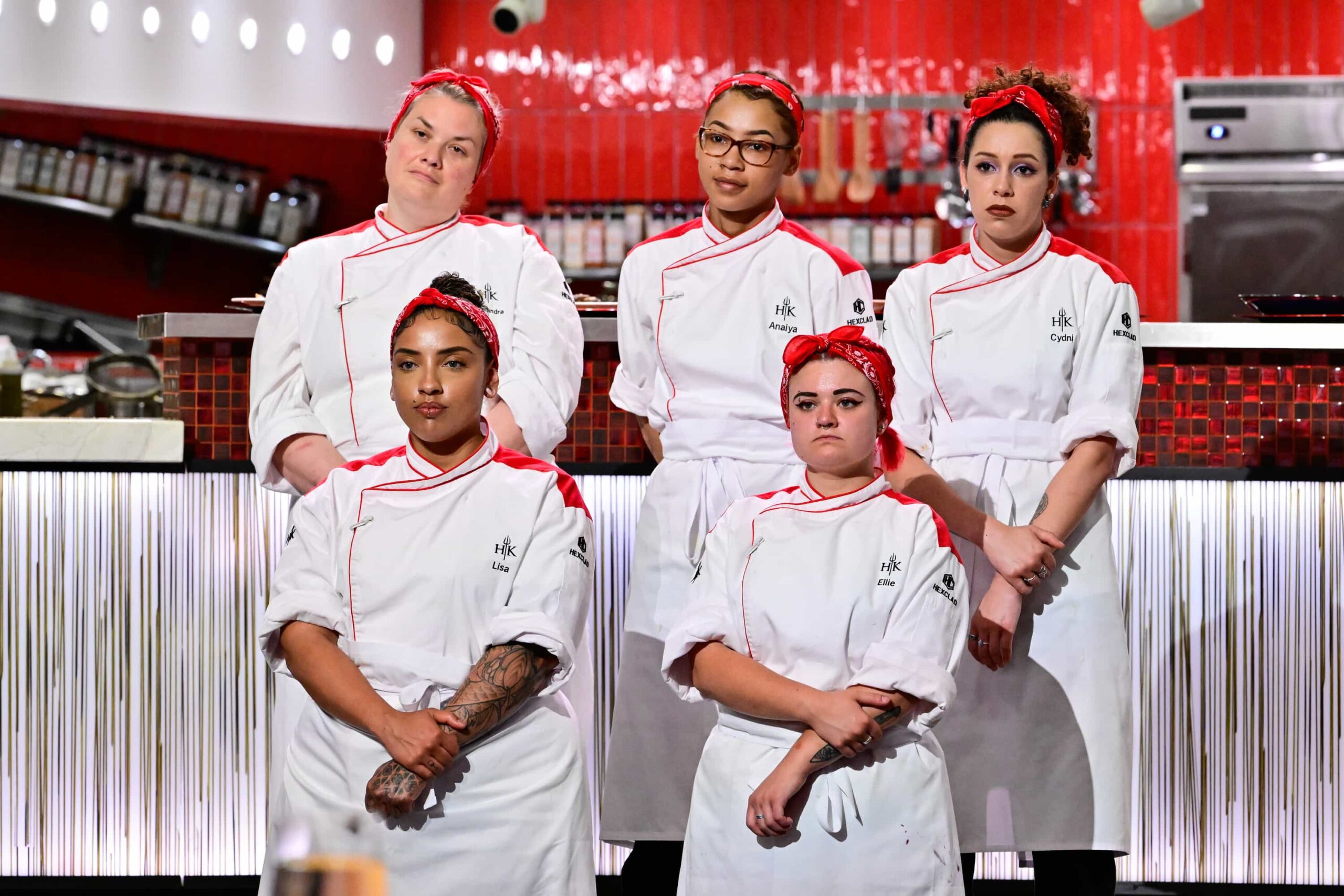 HELL'S KITCHEN: L-R: Contestants Alexandra, Lisa, Anaiya, Ellie and Cydni in the "Hell Hath No Fury Like Anaiya Scorned" episode of HELL’S KITCHEN airing Thursday, Nov. 20 (8:00- 9:01PM ET/PT) on FOX. CR: FOX. ©2025 FOX Media LLC.