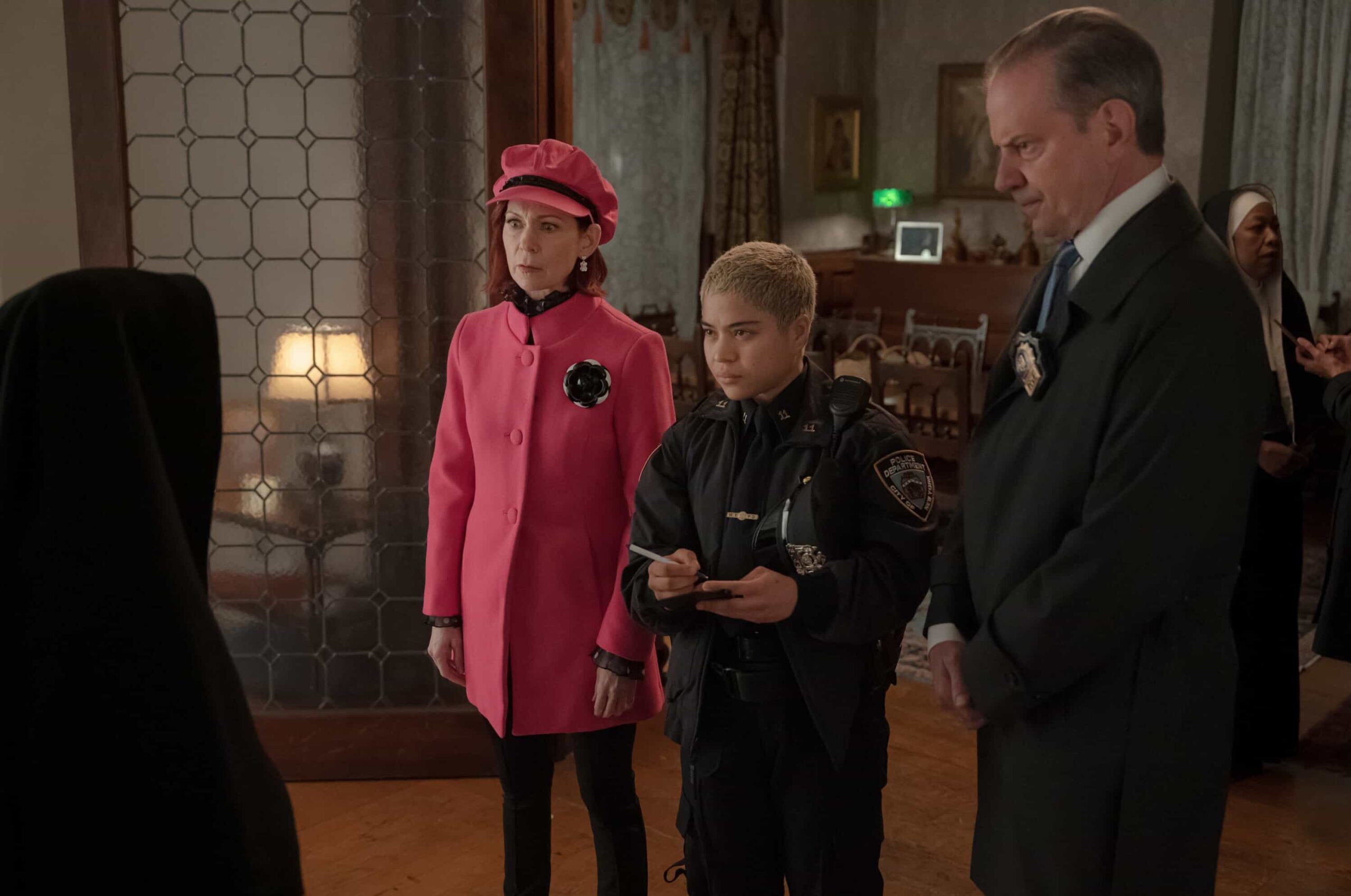 “And Then There Were Nuns” – A pop star\'s (Lindsey Normington) purchase of a failing convent turns divine real estate into a murder scene as Elsbeth takes on the Mother of all nuns (Dianne Wiest). Meanwhile, Teddy digs into Alec Bloom’s past for a feature he is working on, on the CBS Original series ELSBETH, Thursday, Nov. 20 (10:00-11:00 PM, ET/PT) on the CBS Television Network and streaming on Paramount+ (live and on-demand for Paramount+ Premium plan subscribers, or on-demand for Paramount+ Essential subscribers the day after the episode airs).       Pictured (L-R): Carrie Preston as Elsbeth Tascioni, b as Officer Nikki Reynolds, and Danny Mastrogiorgio as Detective Smullen  Photo: Michael Parmelee/CBS ©2025 CBS Broadcasting, Inc. All Rights Reserved.