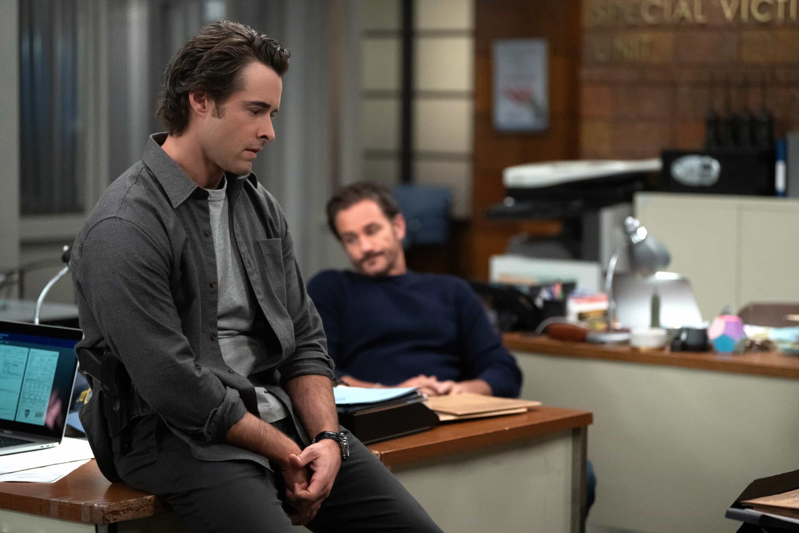 LAW & ORDER: SPECIAL VICTIMS UNIT -- "Showdown" Episode 27008 -- Pictured: (l-r) Corey Cott as Det. Jake Griffin, Kevin Kane as Det. Terry Bruno -- (Photo by: Virginia Sherwood/NBC)