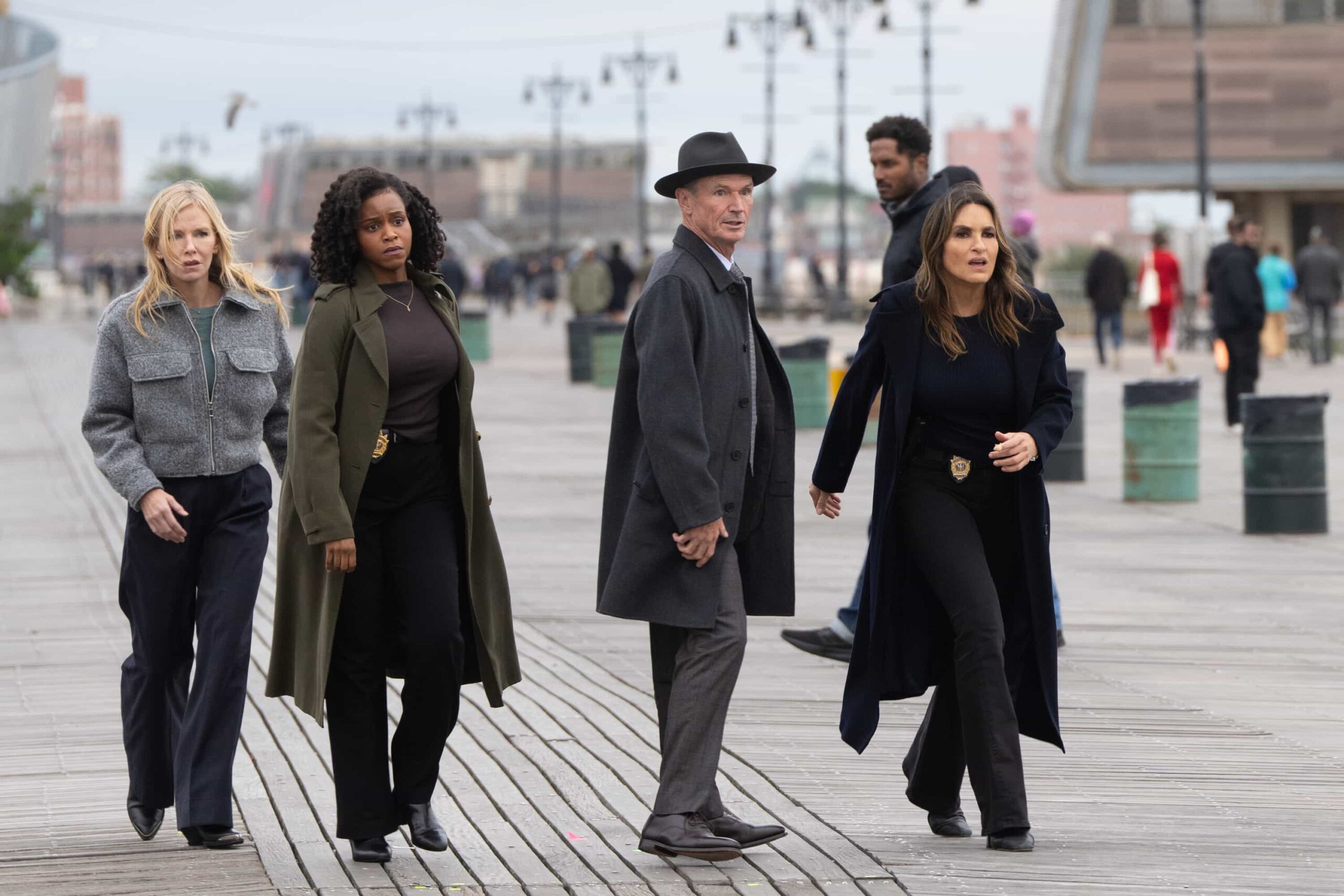 Law & Order SVU Season 27 Episode 8 -- "Showdown" Episode 27008 -- Pictured: (l-r) Kelli Giddish as Sgt. Amanda Rollins, Aimé Donna Kelly as Capt. Renee Curry, Toby Huss as Det. John Whalen, Mariska Hargitay as Capt. Olivia Benson -- (Photo by: Virginia Sherwood/NBC)