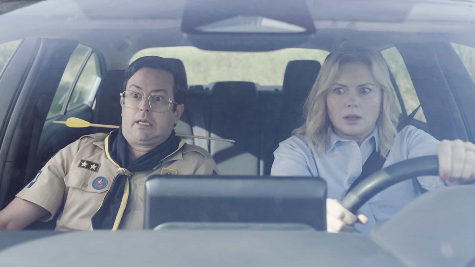 Ghosts Season 5 Episode 6 “Planes, Shanes and Automobiles” – Unsatisfied with Jay’s ability to tend to their needs while Sam is away, the ghosts bring in a better babysitter, Kyle. Meanwhile, Sam and Pete get on each other’s nerves during a book tour road trip, and things reach a breaking point when an airline strike threatens their ability to get home in time for Thanksgiving, on GHOSTS, Thursday, Nov. 20 (8:31-9:01 PM, ET/PT) on the CBS Television Network, and streaming on Paramount+ (live and on-demand for Paramount+ Premium plan subscribers, or on-demand for Paramount+ Essential subscribers the day after the episode airs)*.  Pictured (L-R): Richie Moriarty as Pete and Rose McIver as Samantha.  Photo: CBS ©2025 CBS Broadcasting, Inc. All Rights Reserved. Highest quality screengrab available.