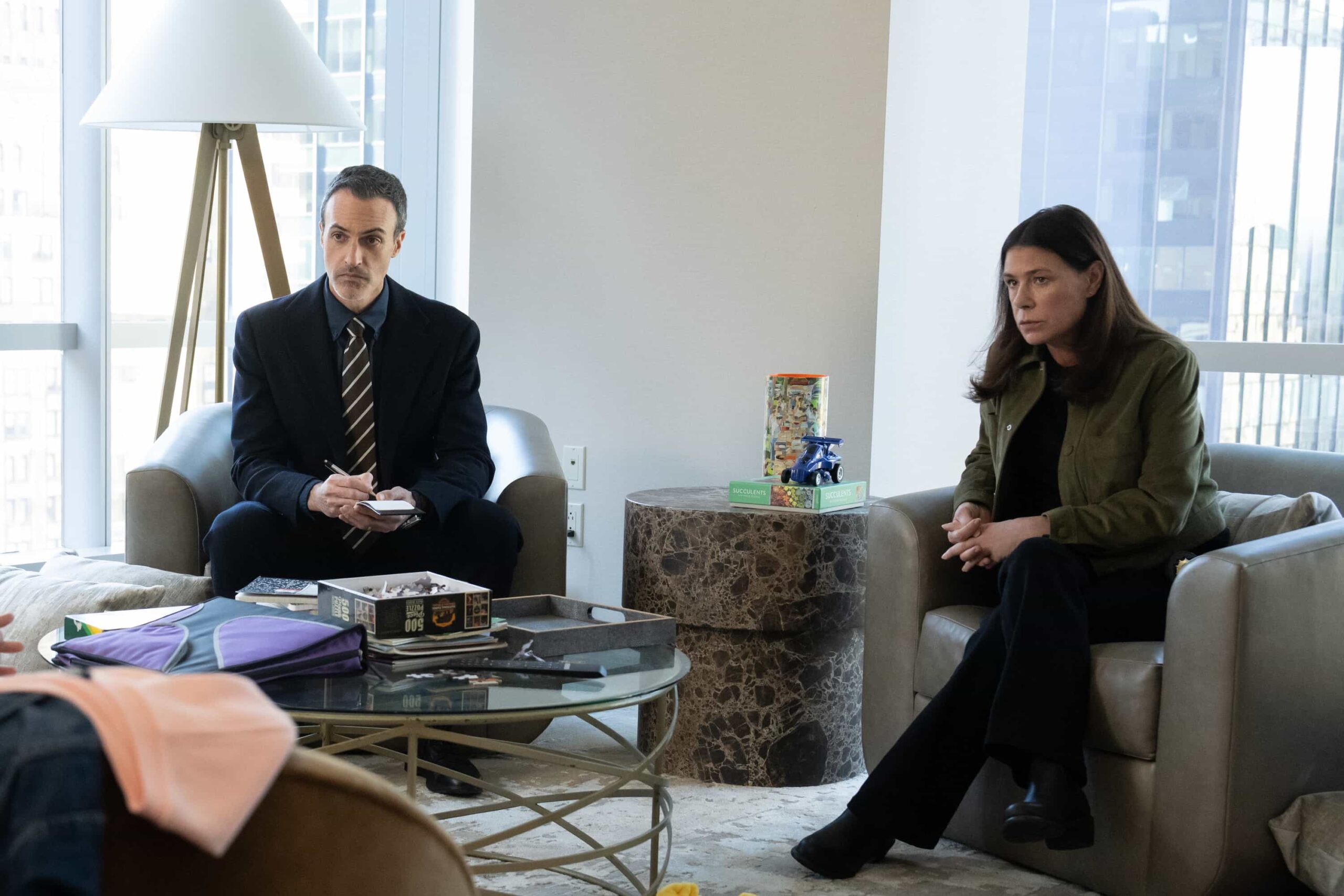 LAW & ORDER -- "Parasite" Episode 25008 -- Pictured: (l-r) Reid Scott as Detective Vincent Riley, Maura Tierney as Lieutenant Jessica Brady -- (Photo by: Virginia Sherwood/NBC)