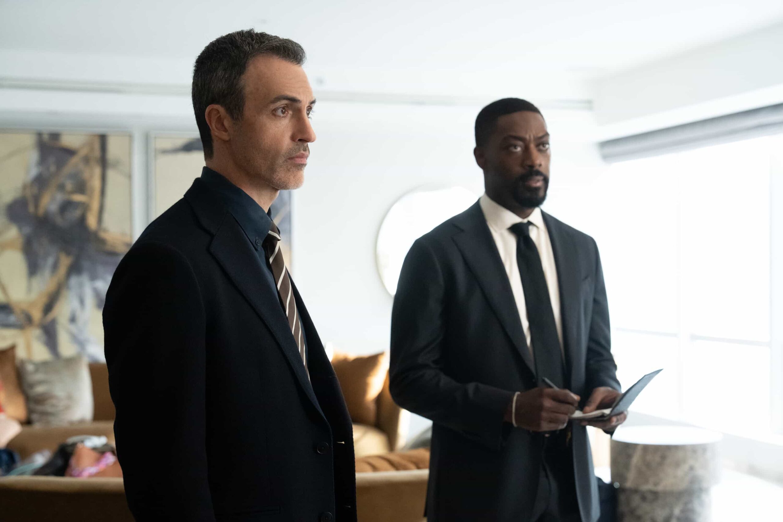Law & Order Season 25 Episode 8 -- "Parasite" Episode 25008 -- Pictured: (l-r) Reid Scott as Detective Vincent Riley, David Ajala as Detective Theo Walker -- (Photo by: Virginia Sherwood/NBC)