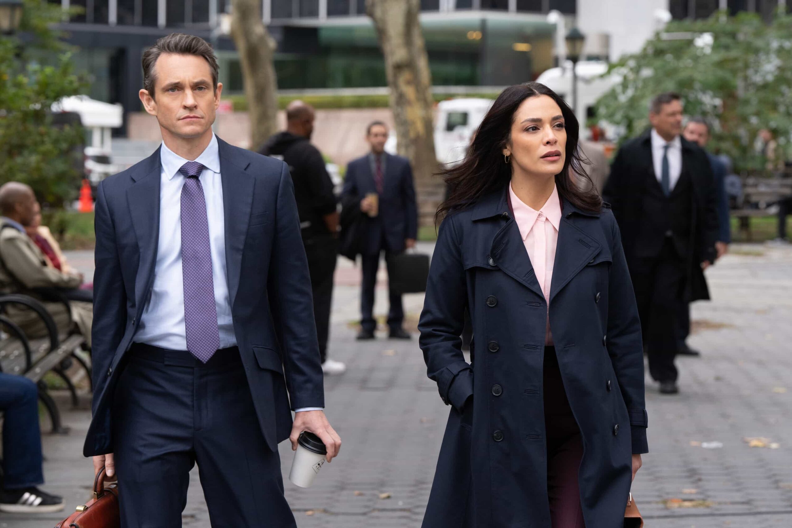 Law & Order Season 25 Episode 8 -- "Parasite" Episode 25008 -- Pictured: (l-r) Hugh Dancy as A.D.A. Nolan Price, Odelya Halevi as A.D.A. Samantha Maroun -- (Photo by: Virginia Sherwood/NBC)