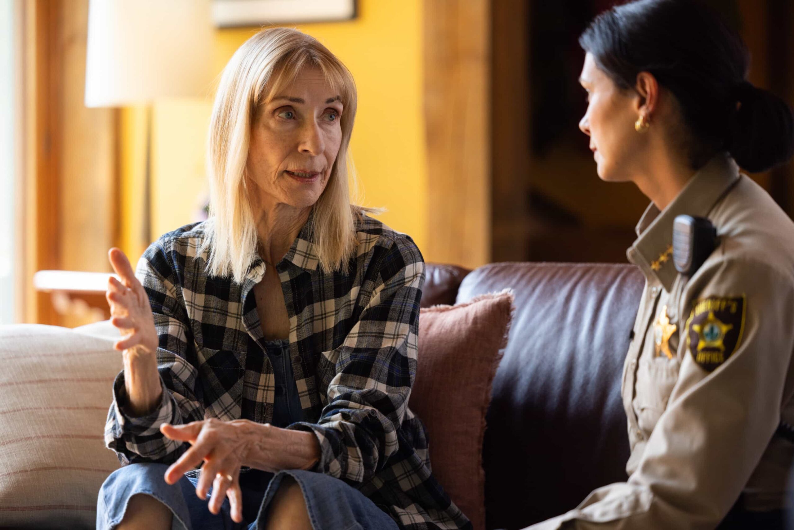 Sheriff Country Season 1 Episode 6 “Exit Interview” – When a body is discovered along the Eel River, Sheriff Mickey Fox and her team launch a homicide investigation that rattles the heart of Edgewater. Meanwhile, Wes risks everything to uncover the truth about the murder, on SHERIFF COUNTRY, Friday, Nov. 21 (8:00-9:00 PM, ET/PT) on the CBS Television Network, and streaming on Paramount+ (live and on-demand for Paramount+ Premium plan subscribers, or on-demand for Paramount+ Essential subscribers the day after the episode airs)*.  Pictured: Maria Ricossa as Bernice and Morena Baccarin as Sheriff Mickey Fox. Photo: Darren Goldstein/CBS ©2025 CBS Broadcasting, Inc. All Rights Reserved.