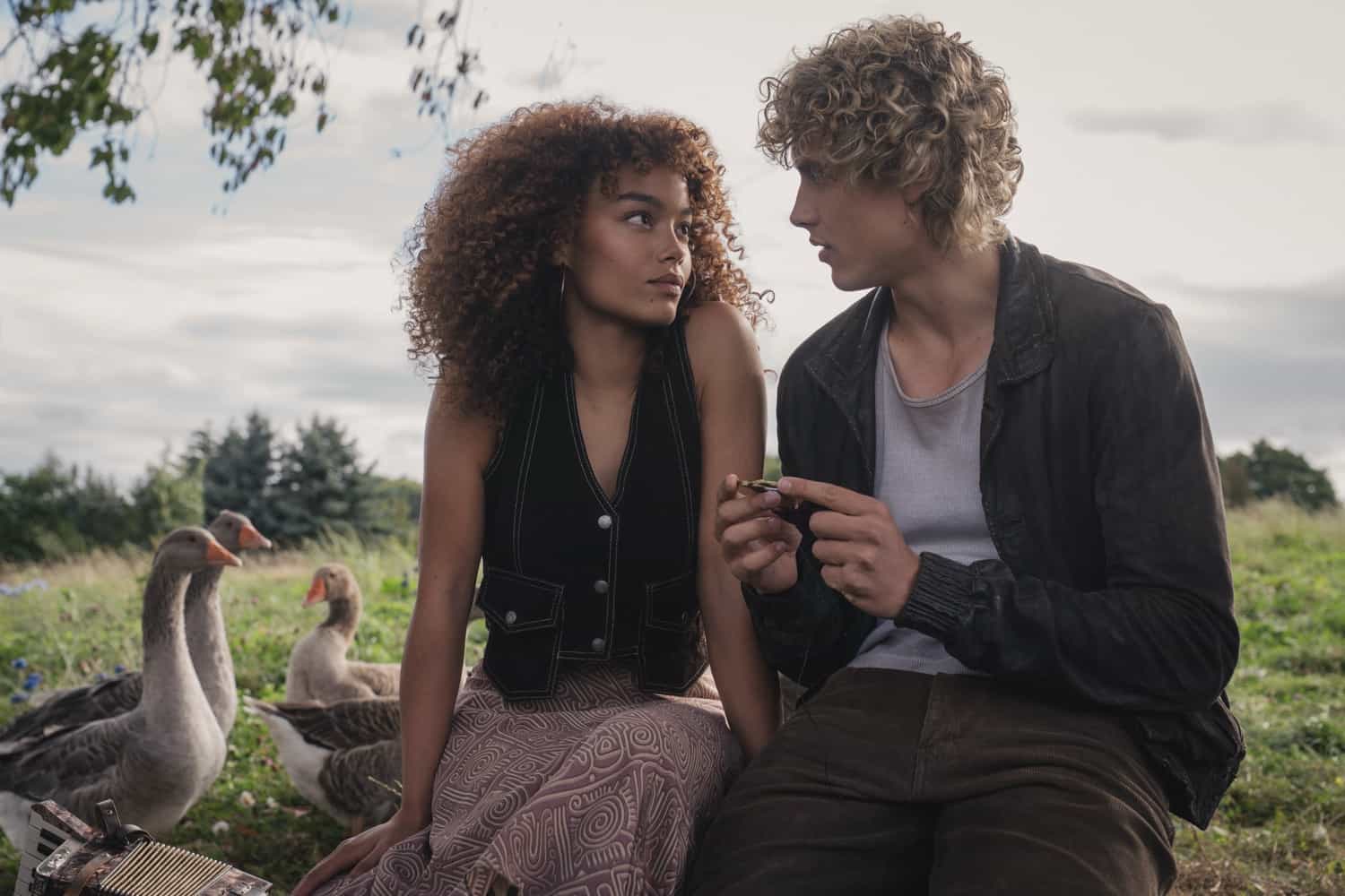 Whitney Peak as Lenore Dove Baird and Joseph Zada as Haymitch Abernathy in The Hunger Games: Sunrise on the Reaping. Photo Credit: Murray Close