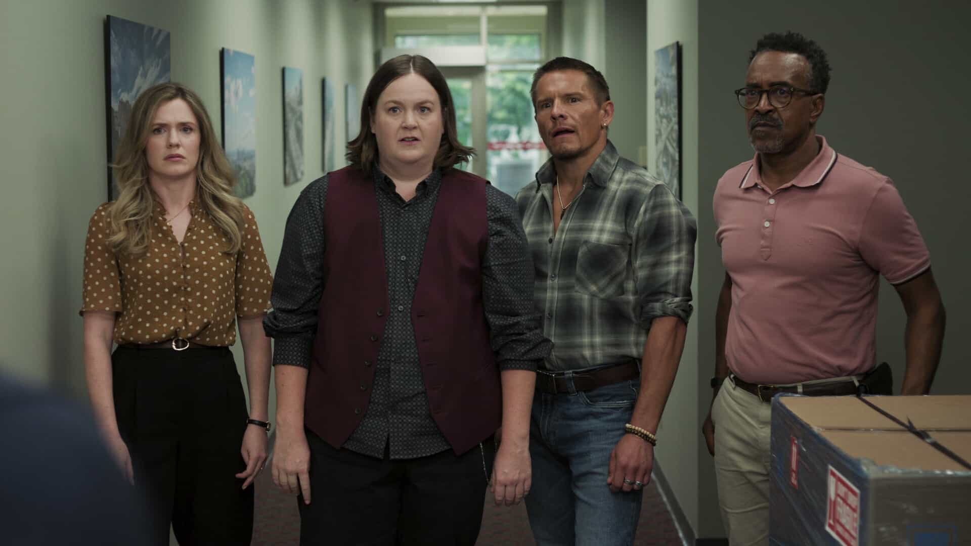 “There Is No I in DMV” – Barb takes the team on a field trip to the rival North Hollywood branch to learn the secrets of their success. She begins to doubt herself after meeting their charismatic manager, Beau (Randall Park). Meanwhile, Gregg and Vic get in Colette’s head that Noa prefers risk-takers, on DMV, Monday, Nov. 24 (9:30-10:00 PM, ET/PT) on the CBS Television Network, and streaming on Paramount+ (live and on-demand for Paramount+ Premium plan subscribers, or on-demand for Paramount+ Essential subscribers the day after the episode airs)*. Pictured L to R. Harriet Dyer as Colette, Molly Kearney as Barbara, Tony Cavalero as Vic, and Tim Meadows as Gregg. Photo: CBS ©2025 CBS Broadcasting, Inc. All Rights Reserved. Highest quality screengrab available.